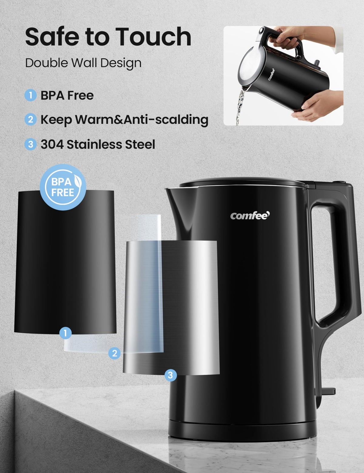 COMFEE Electric Kettle, 1.7L, Auto Shut-Off, 1500W, Black, stainless steel
