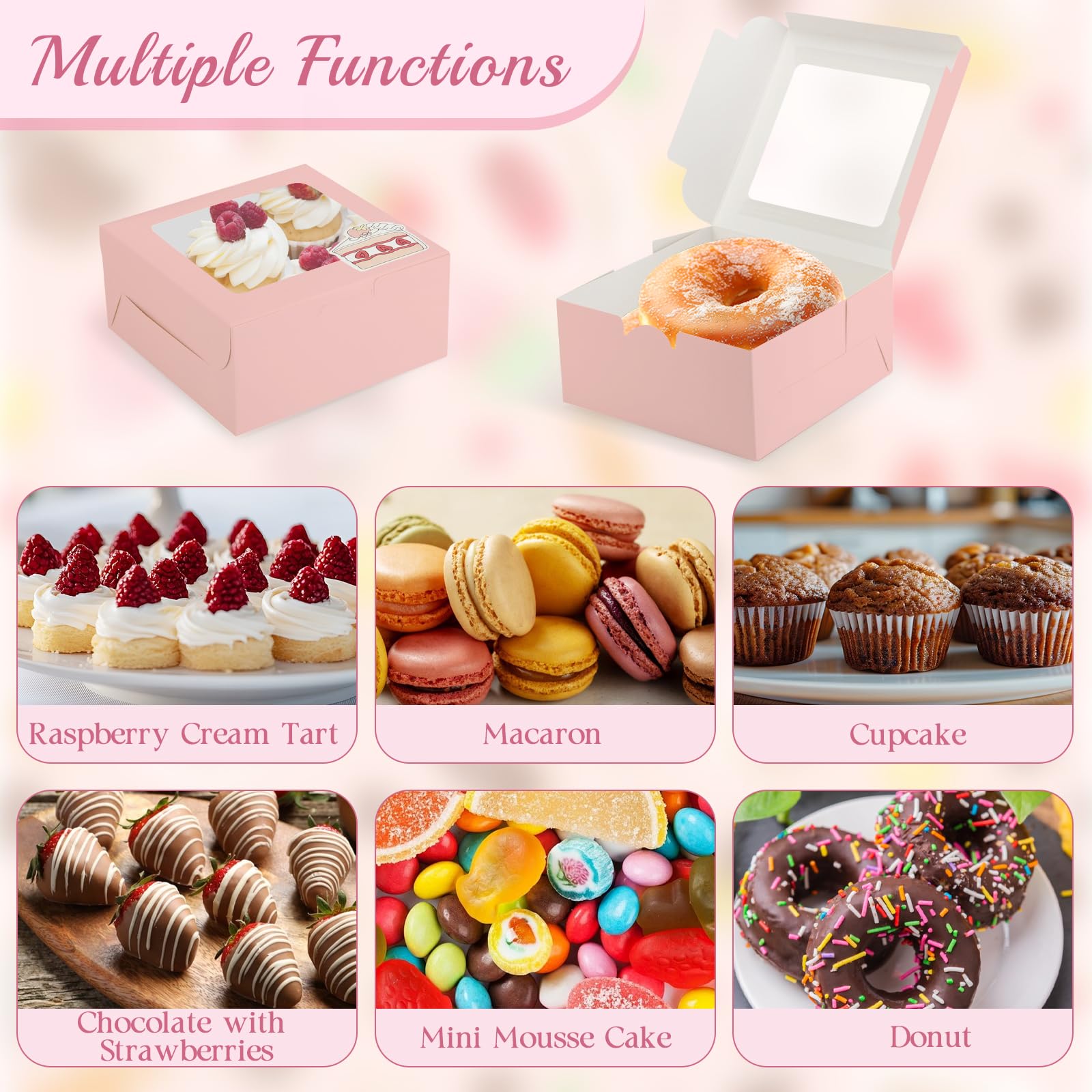 OAMCEG 80 Pack Cupcake Boxes with Window, 6x6x3 Inches Cookie Boxes, Bakery Treat Boxes for Pastry, Desserts, Chocolate Strawberries, Cupcake Containers, Gift Giving with Stickers & Twine （Pink）
