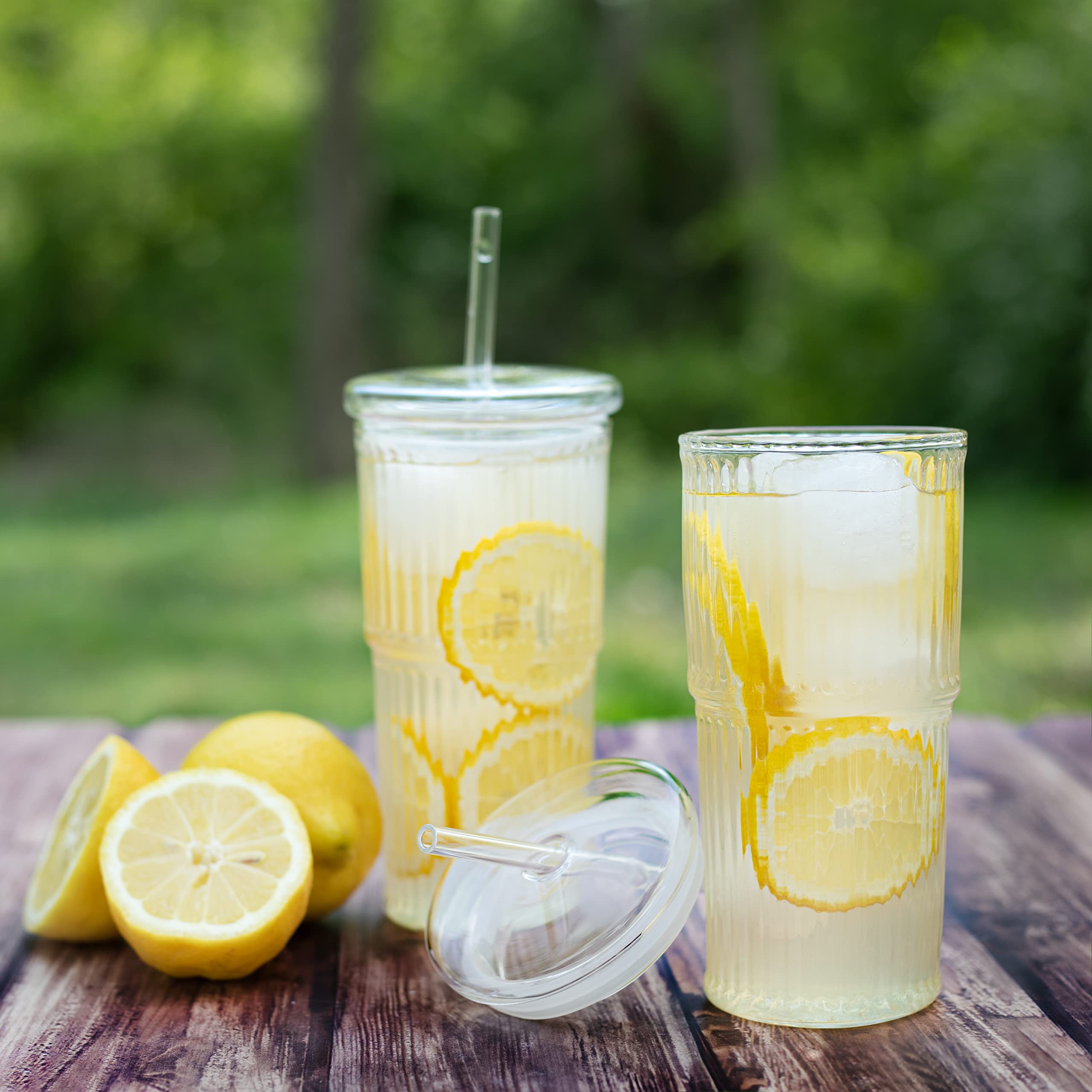 Birchland All Glass Iced Coffee Cup with Lid and Straw, Ribbed Glass Tumbler Set of 2 (22 oz ribbed)
