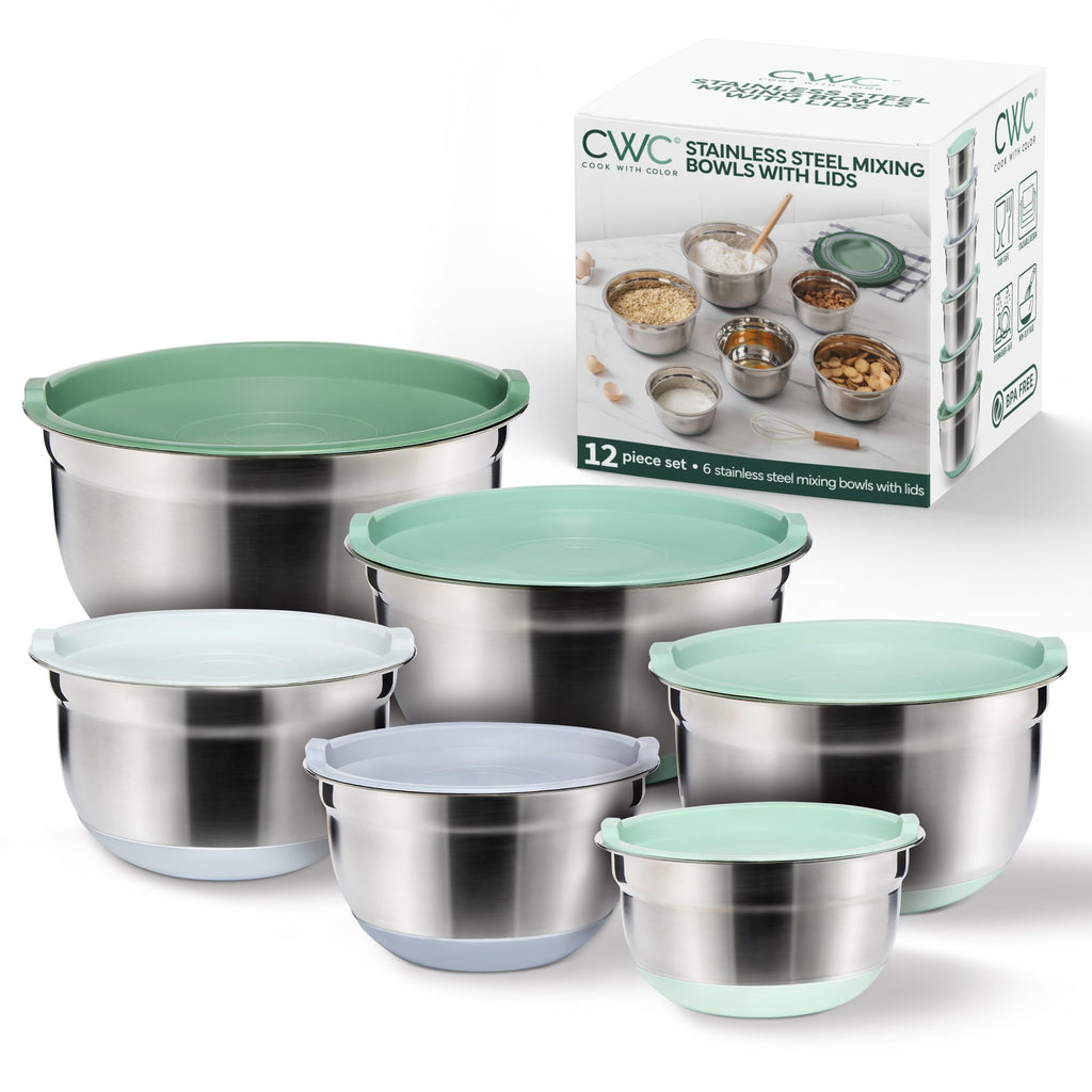 COOK WITH COLOR Stainless Steel Mixing Bowls Set with Lids - Nesting Bowls with Non-Slip Bottom, Sage, 12 Pieces