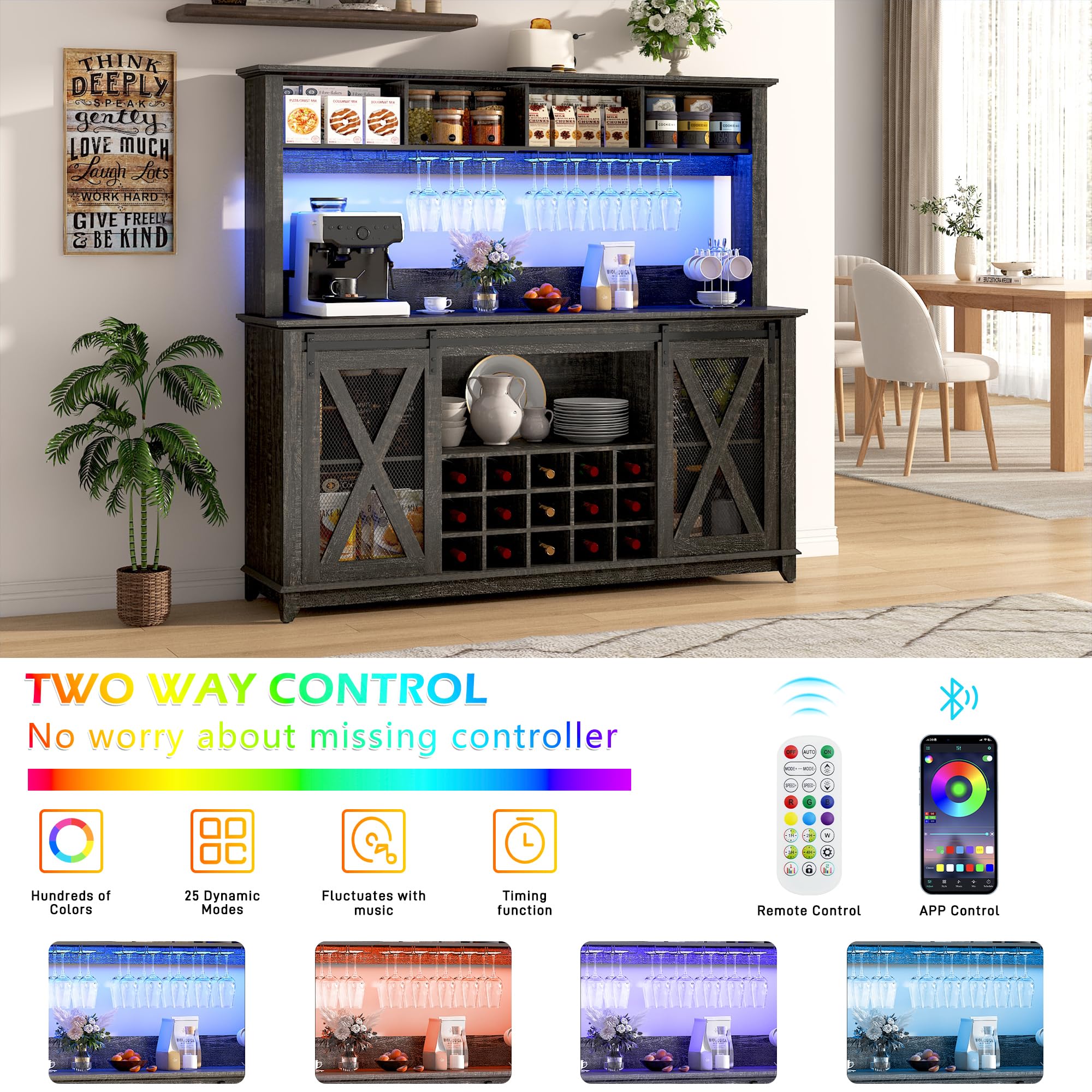 63"Wide 58"H Farmhouse Coffee Bar Cabinet with Power Outlet and LED Light,Wine Bar Cabinet w/ 4 Storage Hutch,Kitchen Buffet Cabinet with 15 Wine and Glass Racks for Kitchen Dining Room(Dark Oak)