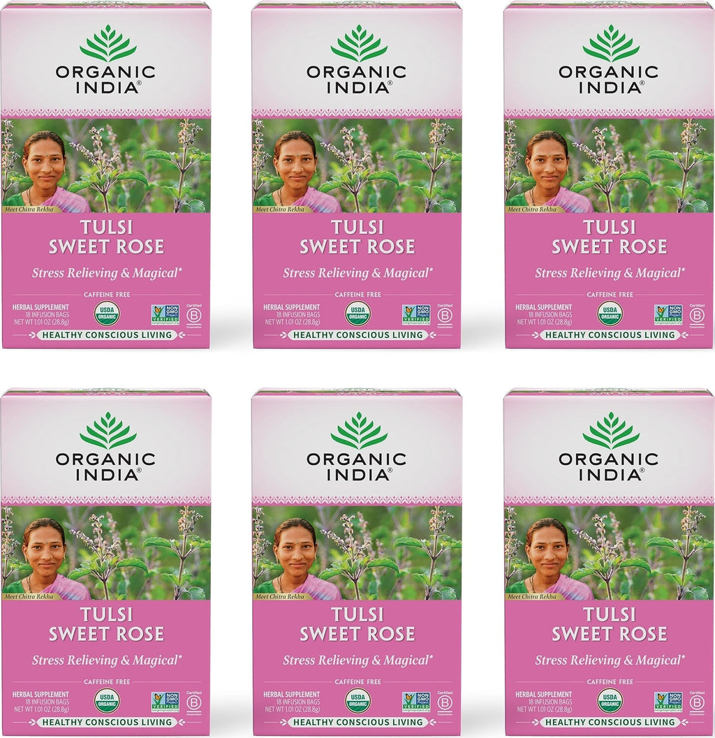 Organic India Tulsi Sweet Rose Herbal Tea - Holy Basil Leaf, African Basil, Chamomilie, Lemon Myrtle, Stress Relieving, Immune Support, USDA Certified Organic, Caffeine-Free - 18 Infusion Bags, 6 Pack