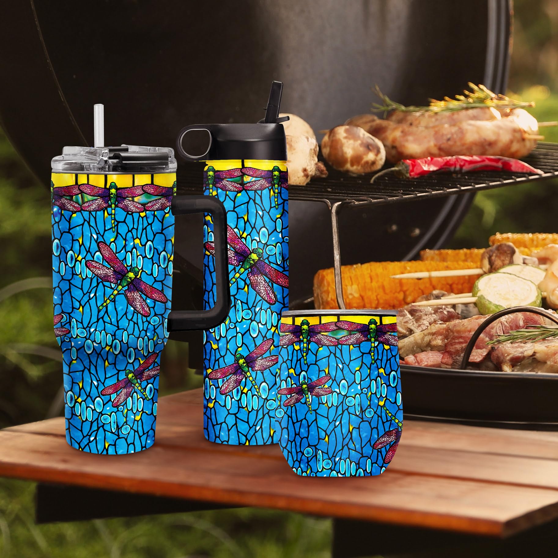 RainCaper 18/8 Stainless Steel Insulated Water Tumbler with Straw | 30oz, BPA-Free, Double Wall for Hot & Cold | Travel-Friendly, Cup Holder Ready (Tiffany Dragonfly - Purple)
