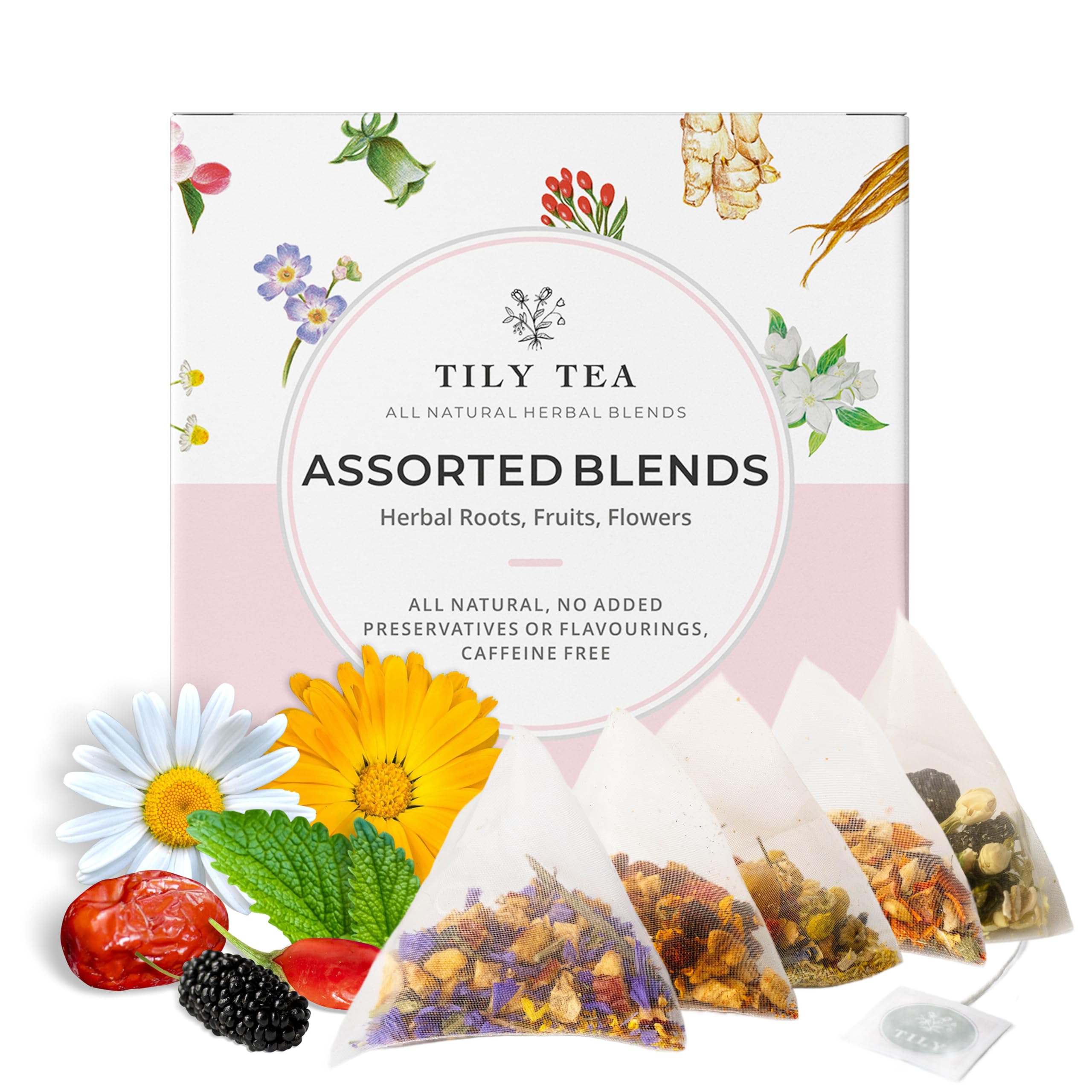 Tily Tea Assorted Herbal Tea Box - 5 Flavors of Caffeine-Free Tea - Morning Shine, Through the Day, Evening Calm, Perfect Pairing, Radiant Glow - 10 Plastic-Free Pyramid Tea Bags