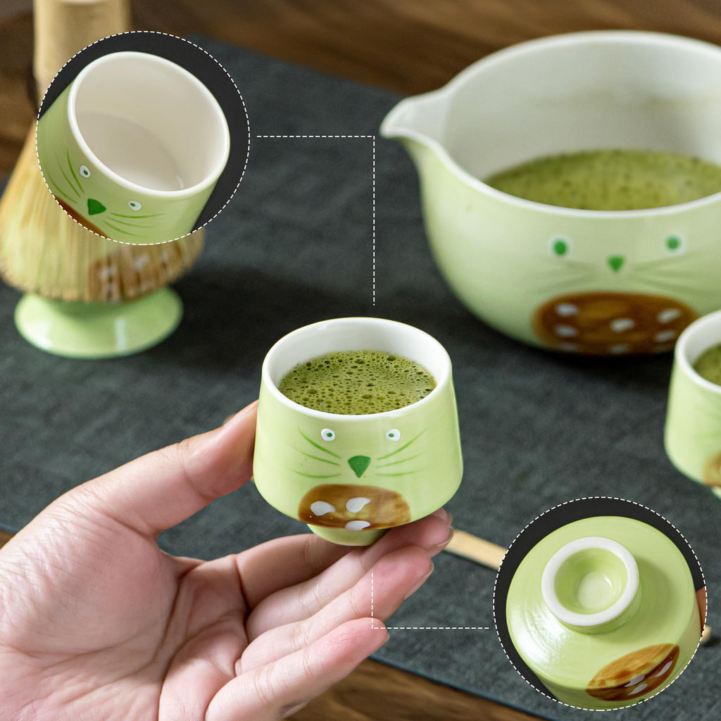 Matcha Whisk Set with Spout, Bowl & Holder, Cute Ceramic Teacups Gift - Cat