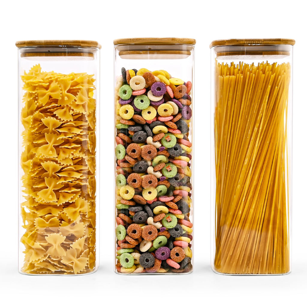SHOWIN Glass Pasta Storage Jars Square 73oz, 3 Pack Glass Jars With Bamboo Lids, Tall Kitchen Storage Containers For Pasta, Storage For Pantry Organizers