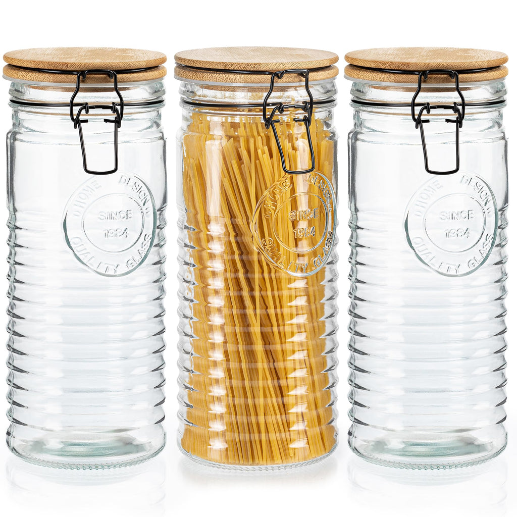 kitchentoolz Tall Glass Pasta Storage Containers with Airtight Clasp Lids - Set of 3 Glass Spaghetti Storage Containers for - 56 Ounce Pantry Organizing Canister Set - 9.75 Inch Tall