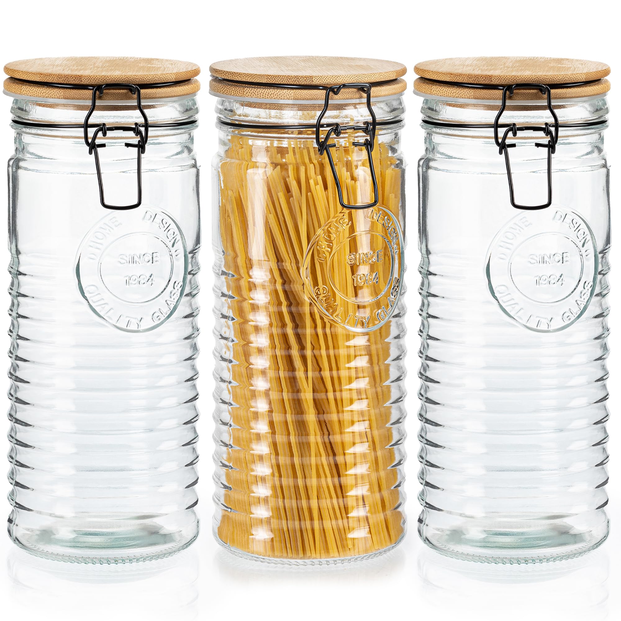 kitchentoolz Tall Glass Pasta Storage Containers with Airtight Clasp Lids - Set of 3 Glass Spaghetti Storage Containers for - 56 Ounce Pantry Organizing Canister Set - 9.75 Inch Tall