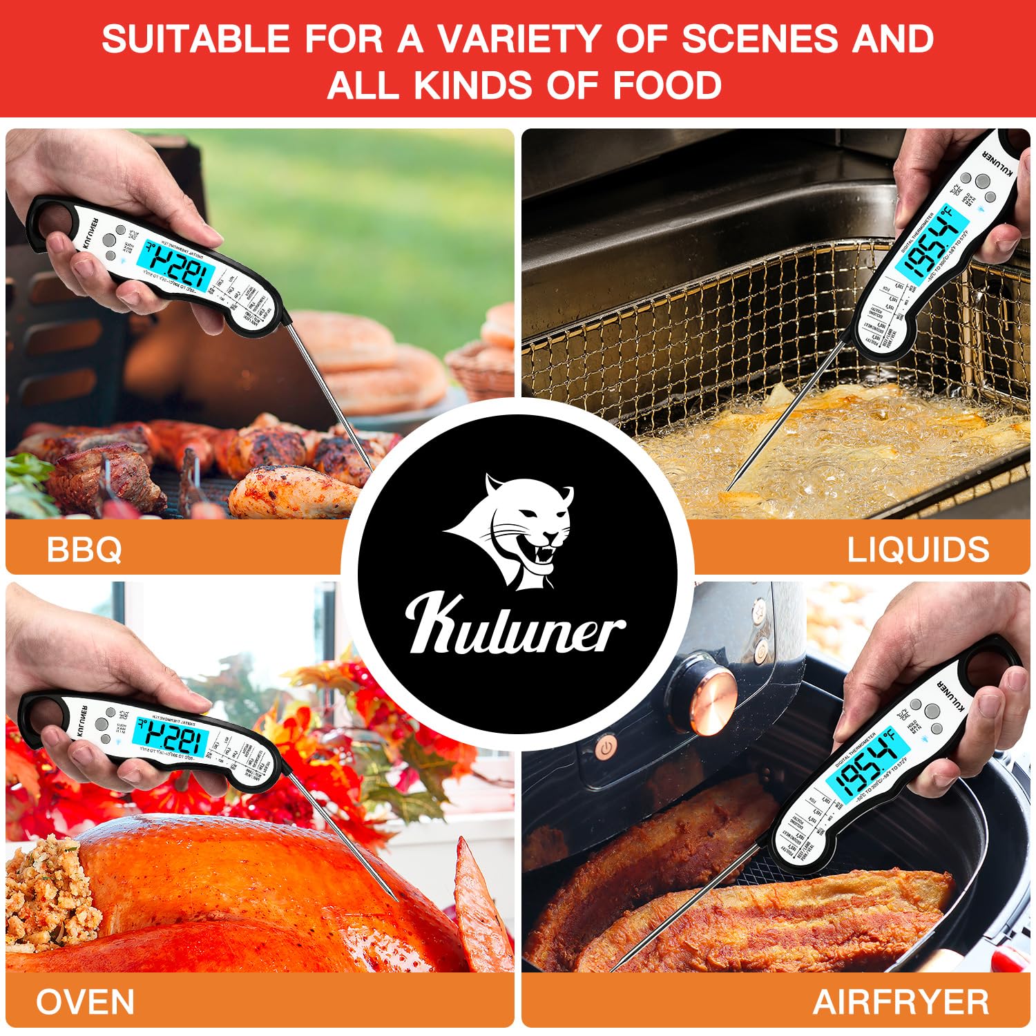KULUNER Instant Read Food Thermometer, White Waterproof Digital Meat Thermometer with 4.6" Folding Probe, Backlight & Calibration, 2-3s Fast Reading for Kitchen Baking Grilling Cooking - White
