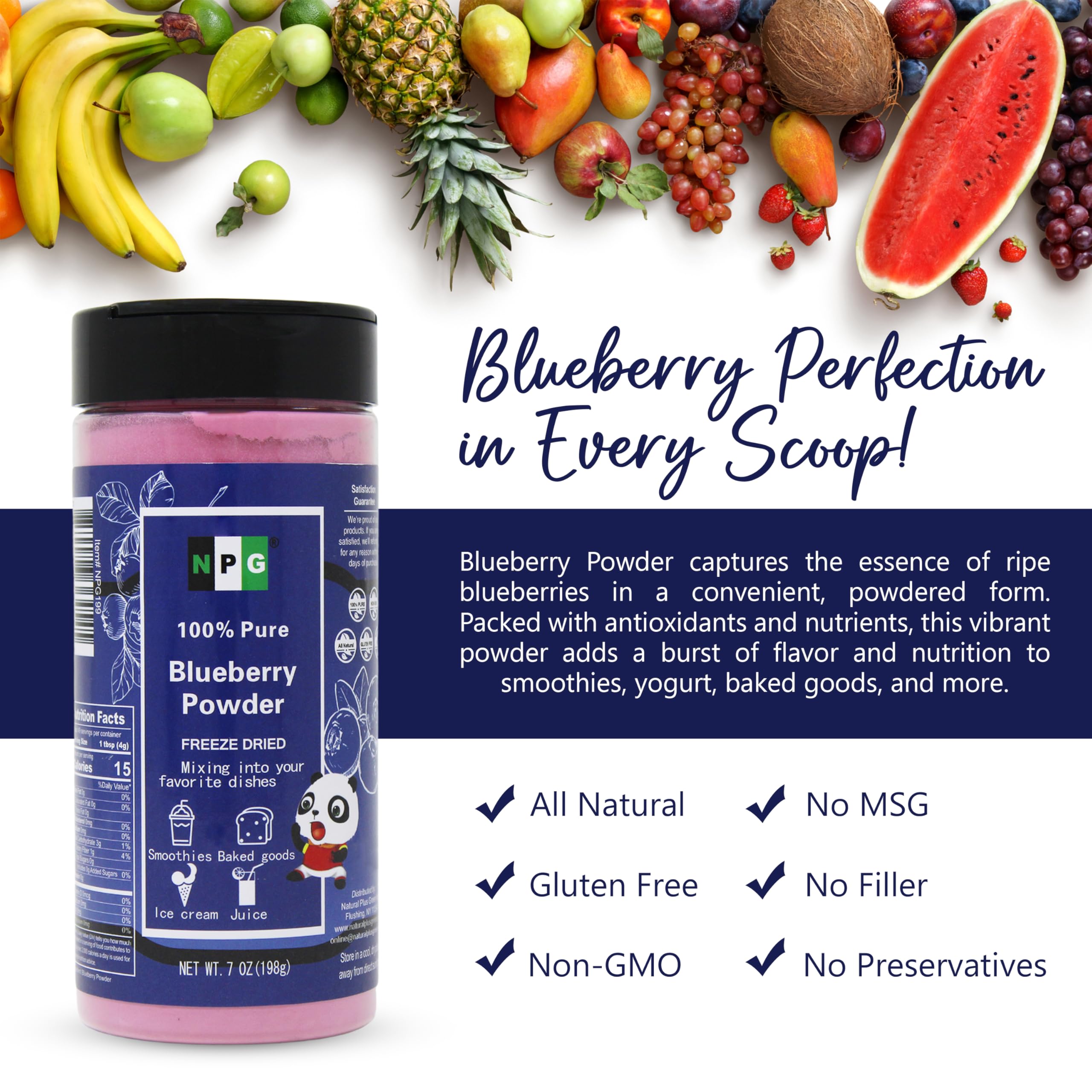 NPG Freeze Dried Blueberry Powder 7 oz, Seedless Wild Blueberries