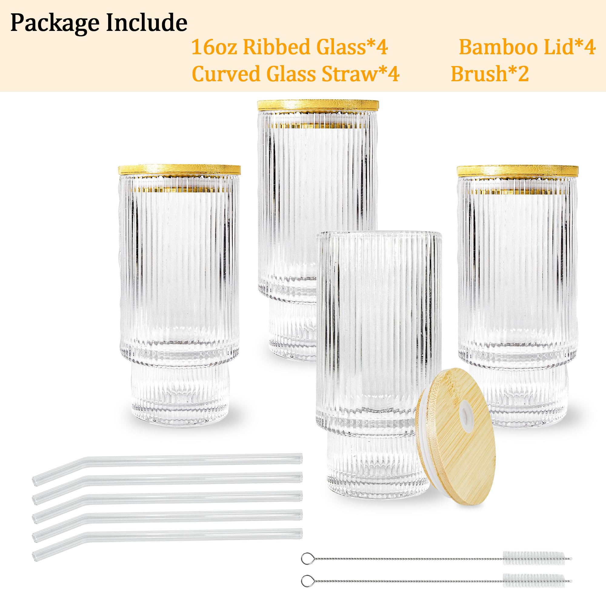Icesip Glass Cups with Lids and Straws 16 oz Ribbed Drinking Glasses Set