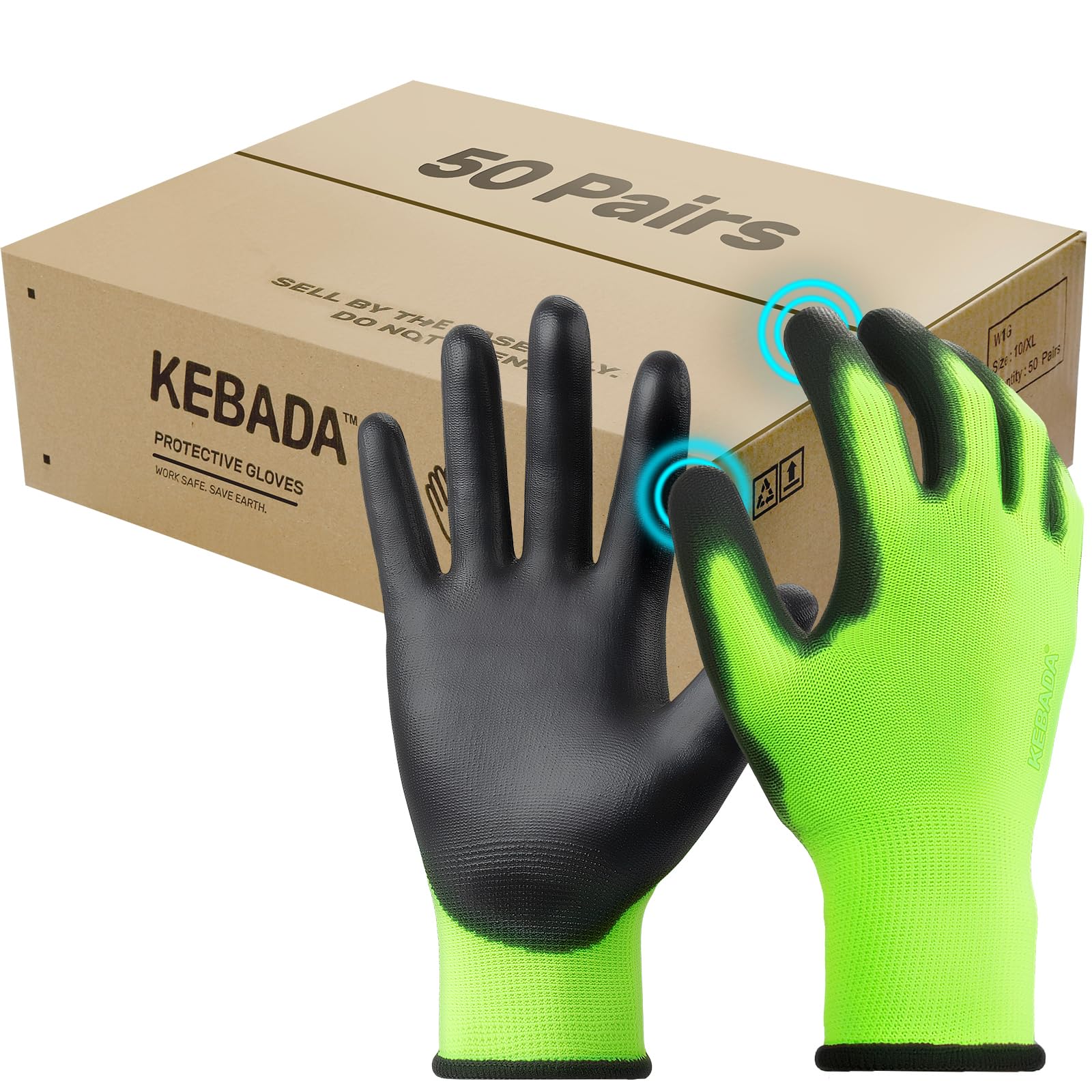 Kebada W1 Safety Work Gloves for Men & Women, 50 Pairs Bulk Pack, PU Coated