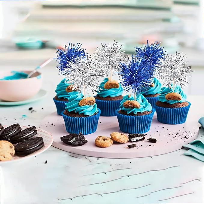 40 PCS Foil Firework Cupcake Toppers Sparkle Tinsel Cupcake Picks Fireworks Birthday Party Decorations Cocktail Fruit Toothpick for Birthday Wedding Graduation Party Decorations Supplies Silver Blue