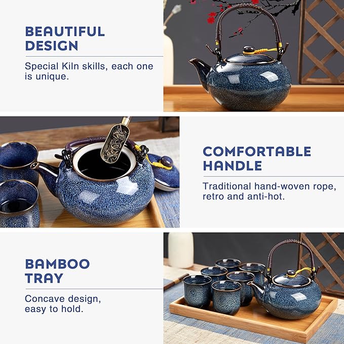 DUJUST Japanese Tea Set for 6, Kiln Altered Glaze Porcelain Tea Set with 1 Teapot, 6 Tea Cups & 1 Tea Tray, Unique Chinese Tea Sets for Adults/Tea Lovers/Women/Men, Blue