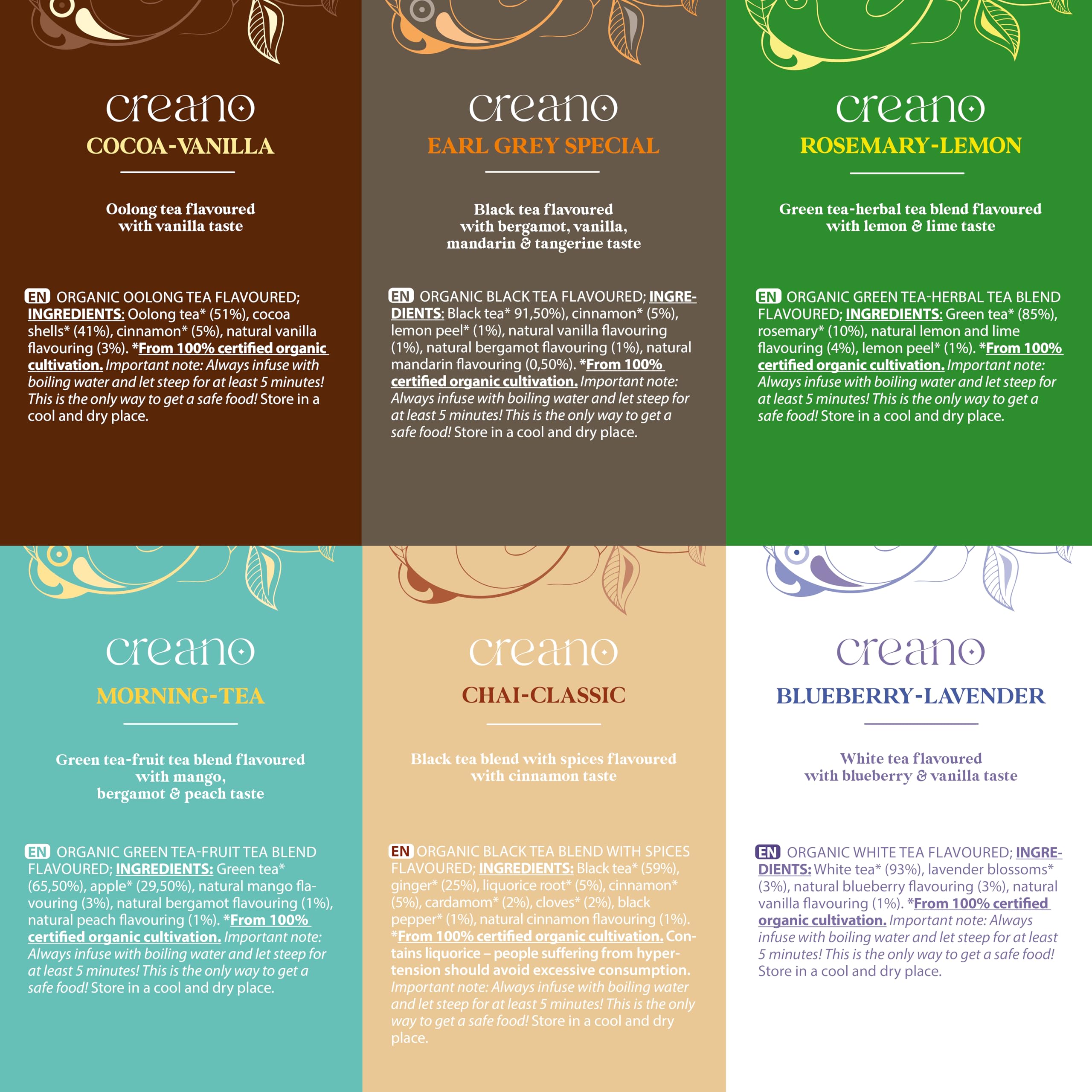 Creano Organic Tea Gift Set – 24 Organic Tea Bags in 6 Dreamy Varieties – 48 g*