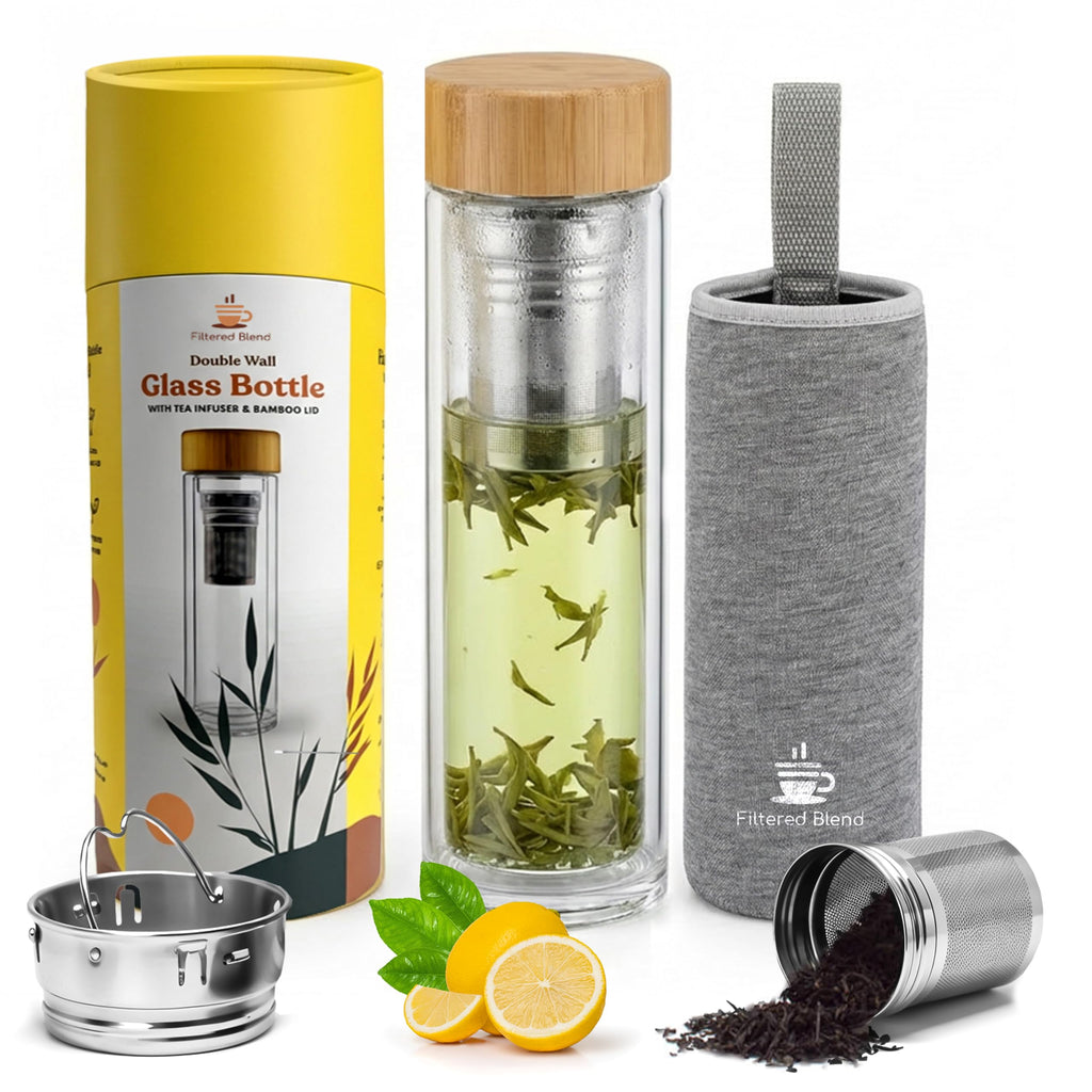 15oz Double Wall Glass Water Bottle with Bamboo Lid and Tea Infuser – Insulated, Leak-Proof, and Eco-Friendly Travel Tea Mug with Filter for Hot or Cold Beverages