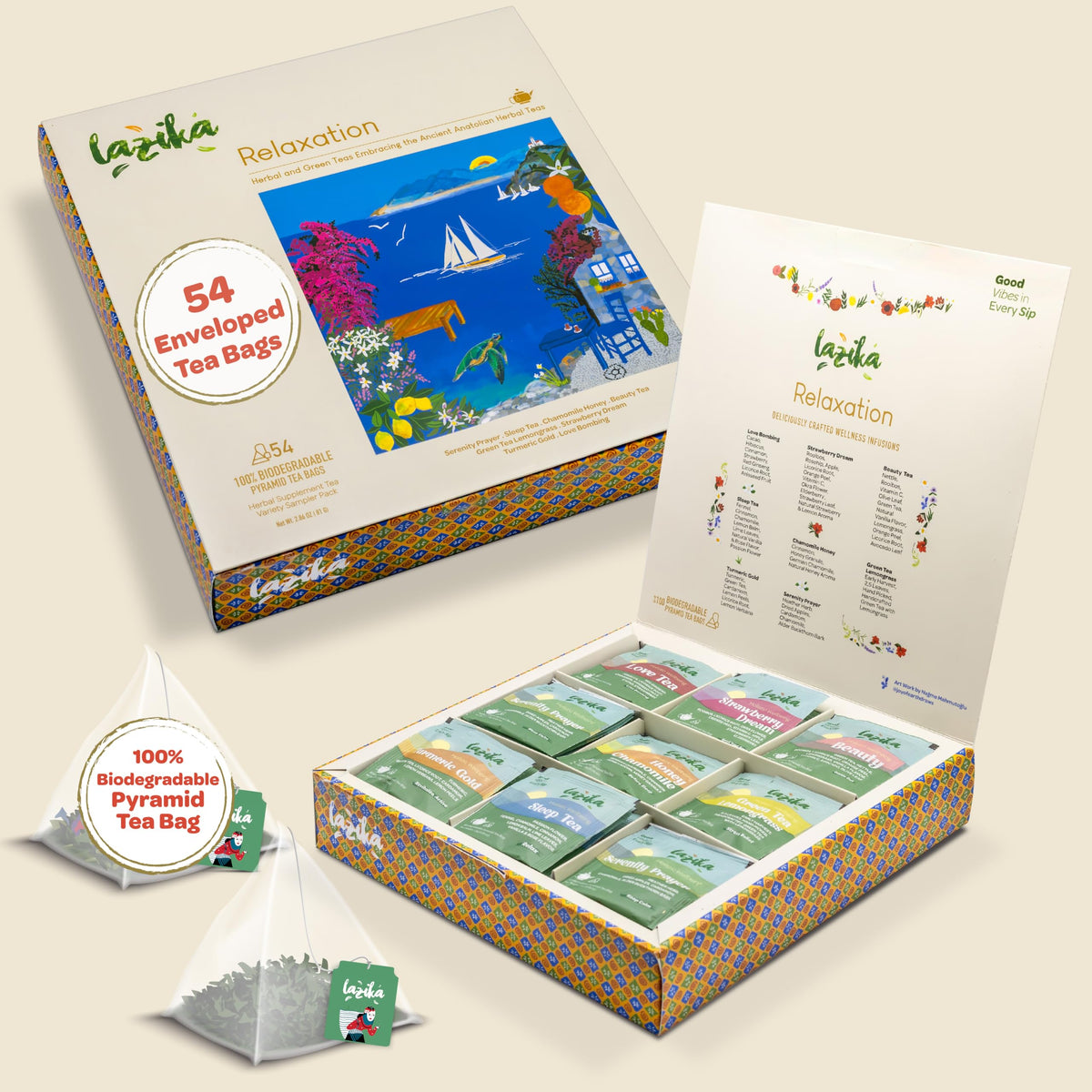 Lazika Herbal Tea Variety Pack with Lovely Presentation Box, 54 Counts, Herbal Tea Assortment Gift Set, Premium Collection with Pyramid Infuser Bag, Handcrafted