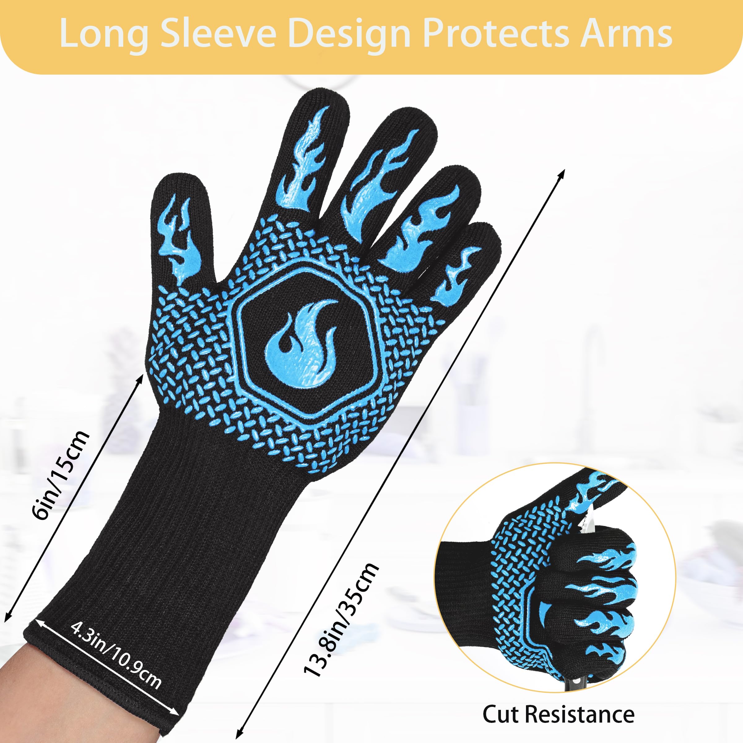 BBQ Gloves 1472F Heat Resistant Non-Slip Silicone (Sky Blue)