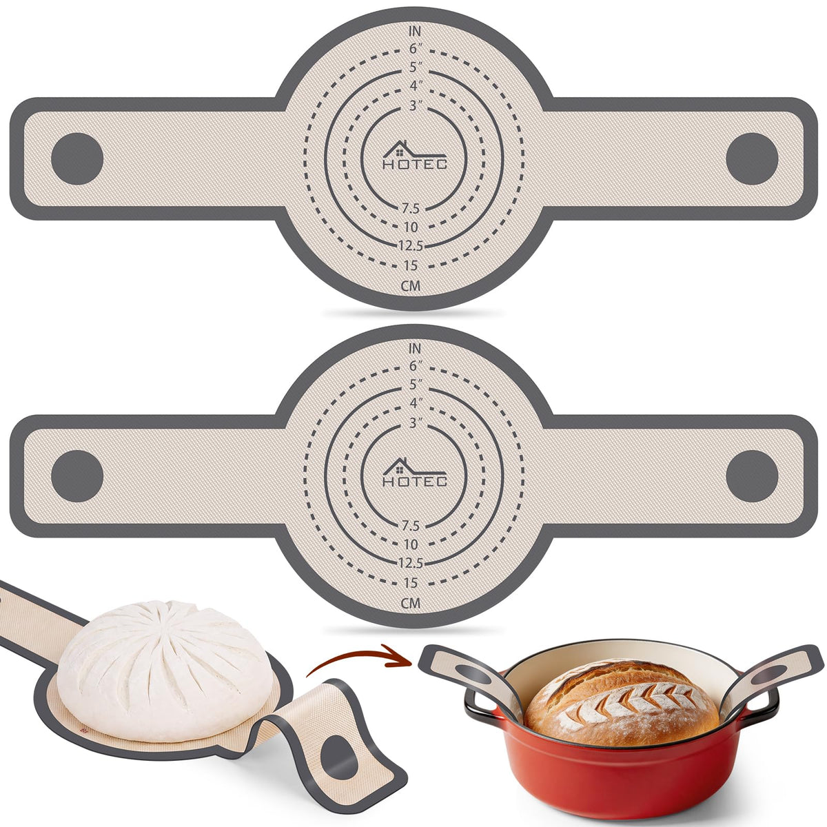 HOTEC 2 Pcs Silicone Bread Sling for Dutch Oven, 0.7MM Thickened Heat Resistant to 500°F Non-Stick Baking Mat with Long Handle Easy to Transfer Sourdough Bread, Dutch Oven Liners Baking Supplies