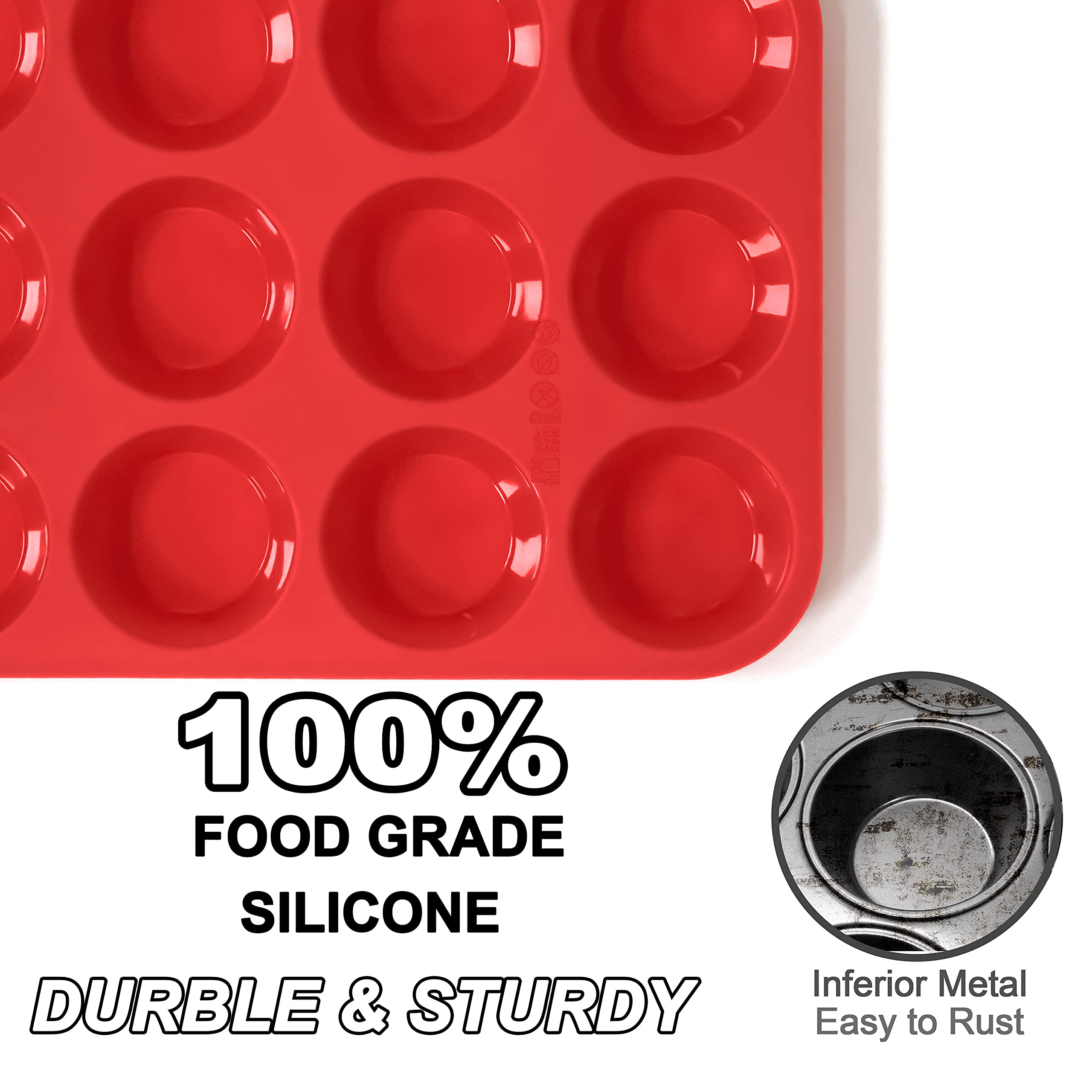 Anaeat Silicone Muffin Pan Set - Regular 12 Cups & Mini 24 Cups Cupcake Baking Molds with Flexible & Non-Sticky, Just Pop Out for Making Muffin Cakes, Cupcake, Chocolate,Tart and Desserts (2 Pack)