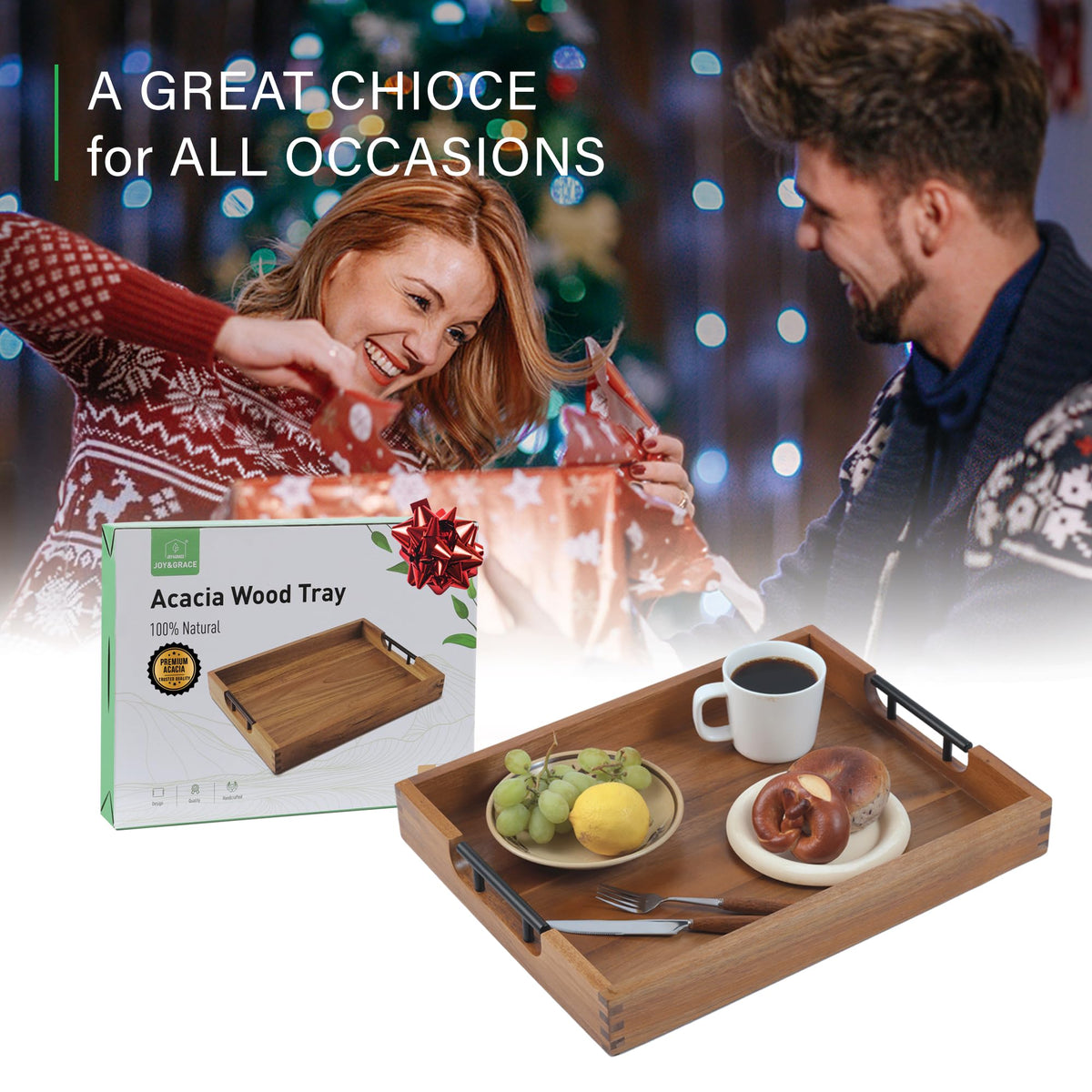 Joy&Grace Acacia Wood Ottoman Tray with Handles 16.7" x 12.8"