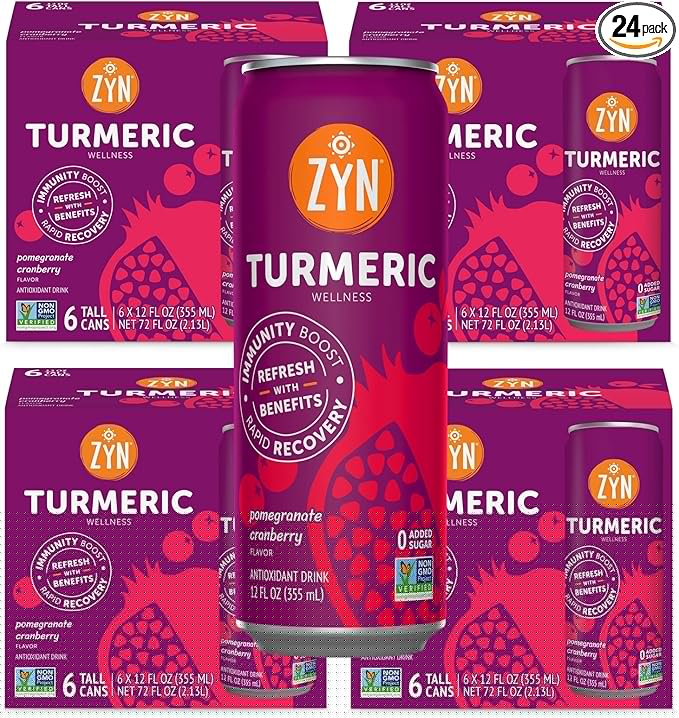 ZYN Turmeric Wellness Drink (24 Pack), Pomegranate Cranberry Flavored Turmeric Curcumin Drink with Black Pepper, No Added Sugar, Low Carb & Low Calorie Drink, Clean Alternative