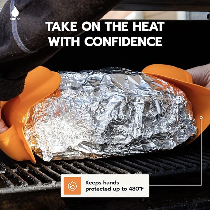 Drip EZ BBQ Grill Mitts - Heat Resistant up to 480°F - Durable Silicone for Grill Oven and Stove - Slip On Multipurpose - Dishwasher Safe