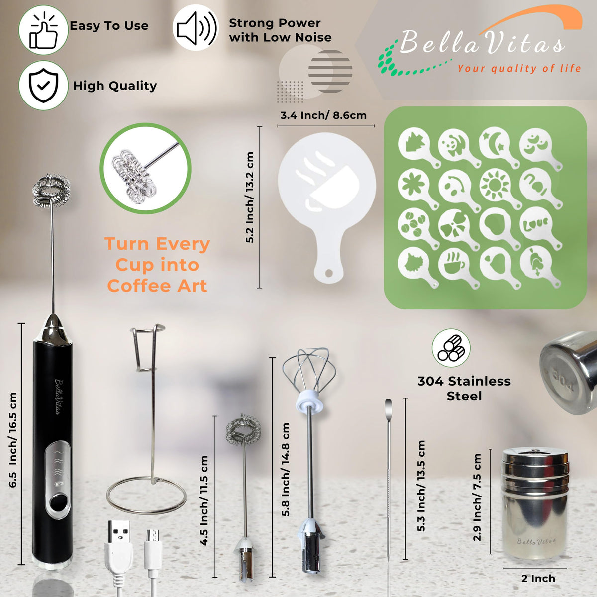 BellaVitas Milk Frother Handheld Rechargeable 3-Speed Electric Frother Wand Whisk Foam Maker Drink Mixer with Stand, 2 Whisks, Spice Shaker, Art Stencils, Art Pen for Coffee Latte, Cappuccino, Black