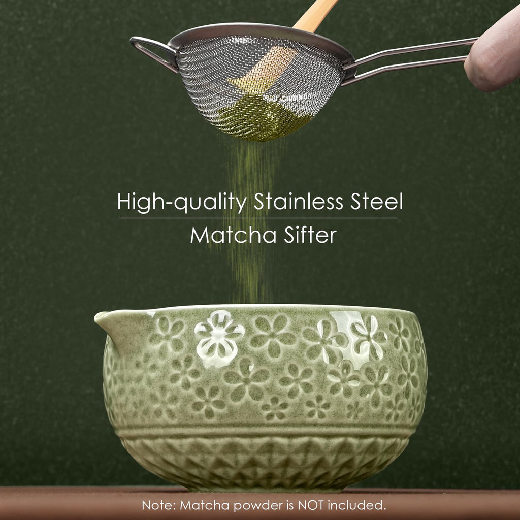 7Pcs Matcha Whisk Set, Matcha Set Whisk and Bowl,Bamboo Scoop, Scoop Rest, Sifter and Tea Towel, Matcha Kit W/Carved Cherry Blossm Pattern for Matcha Lovers (Sakura Green)