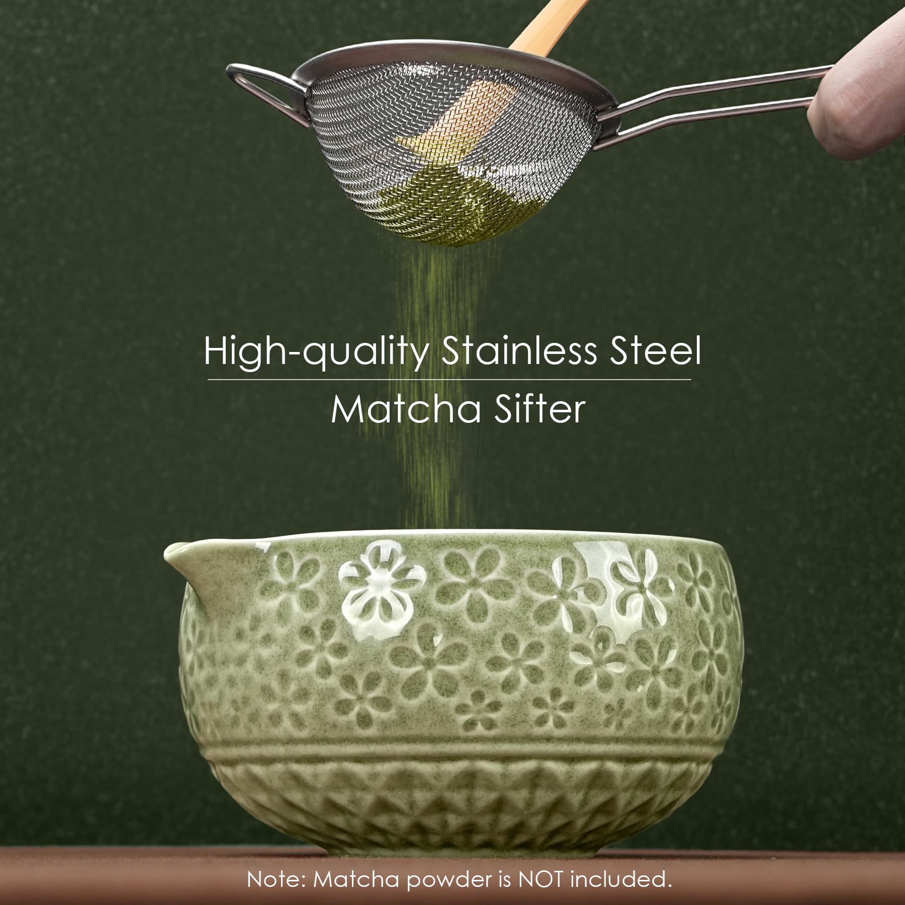 7Pcs Matcha Whisk Set, Matcha Set Whisk and Bowl,Bamboo Scoop, Scoop Rest, Sifter and Tea Towel, Matcha Kit W/Carved Cherry Blossm Pattern for Matcha Lovers (Sakura Green)