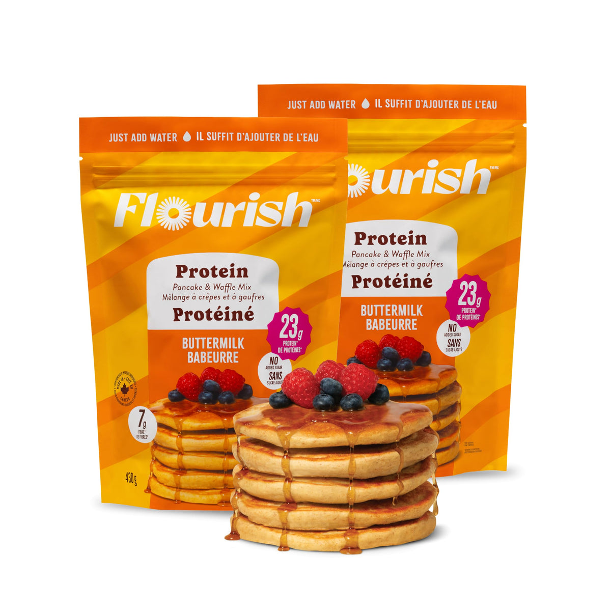 Flourish Protein Pancake & Waffle Mix, with Whey Protein & Flax Seed, No Added Sugar, High in Protein & Fiber - Just Add Water - Buttermilk Flavour, 430g (3 Pack) - Made in Canada