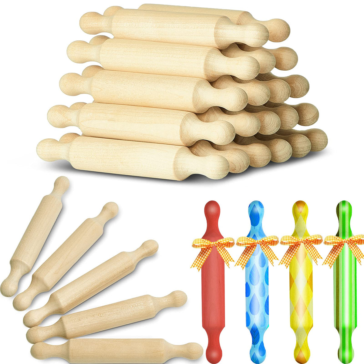 Suclain 15 Pcs Wooden Mini Rolling Pin Long Kitchen Baking Small Dough Rolling Pin for Children Fondant Pastry Pizza Crafting and Imaginative Play for Halloween and Christmas Presents (7 Inches)