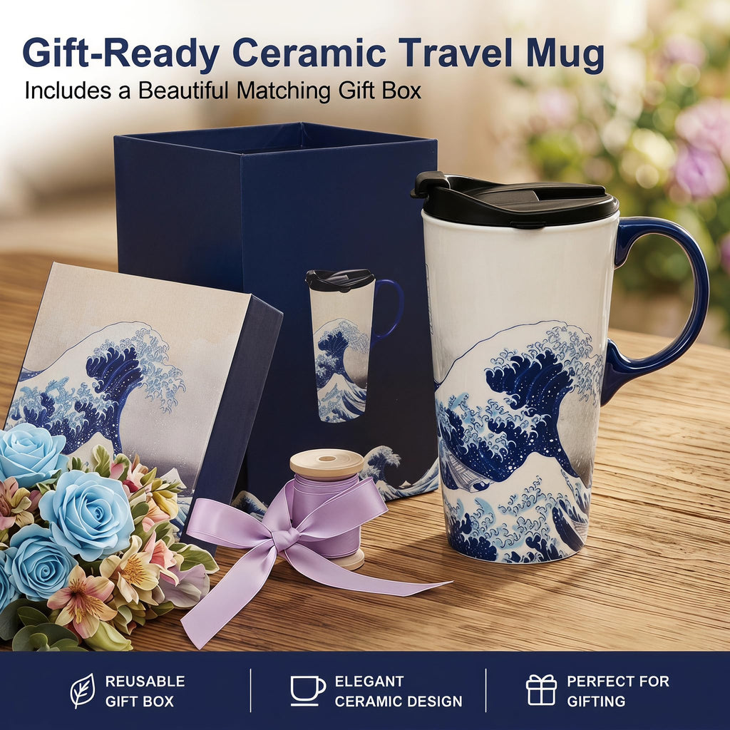 Topadorn 17oz Ceramic Travel Mug with Lid, Hokusai Great Wave Coffee Mug