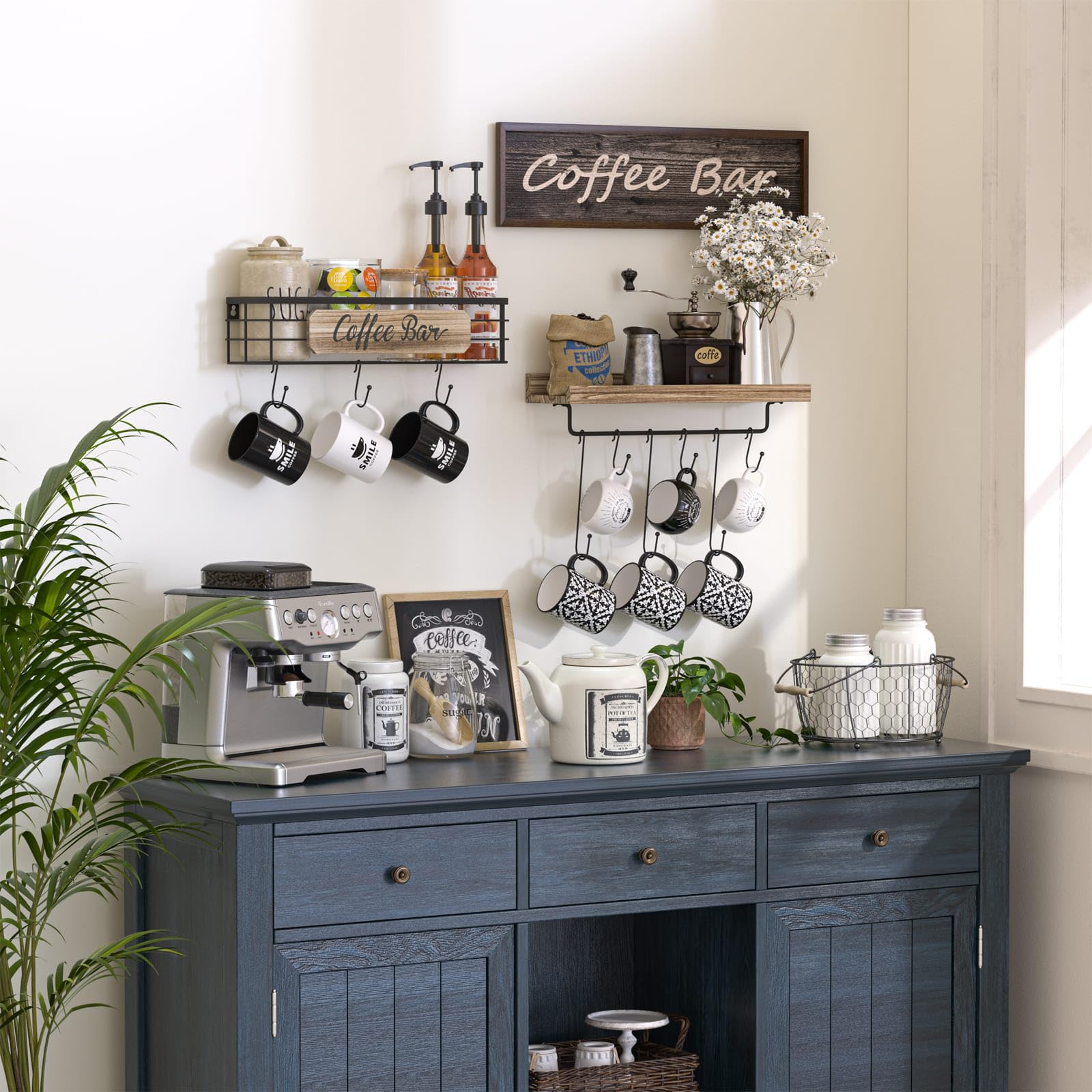 Filano Coffee Cup Holder 2 Pack Coffee Bar Shelf with 12 Mug Hooks, Mug Organizer Floating Mug Racks for Wall, Coffee Cup Display Hanger Pods Holder, Farmhouse Coffee Bar Decor Kitchen Accessories