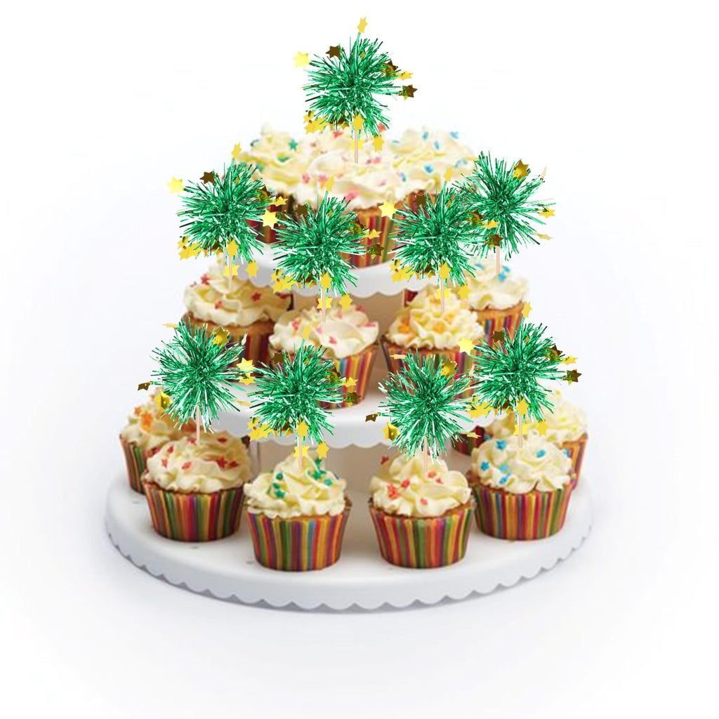 30 PCS Foil Firework Cupcake Toppers Happy Birthday Star Cupcake Picks Sparkle Tinsel Drink Stirrers Cocktail Fruit Toothpicks for Valentine's Day Wedding Birthday Party Decorations Supplies Green