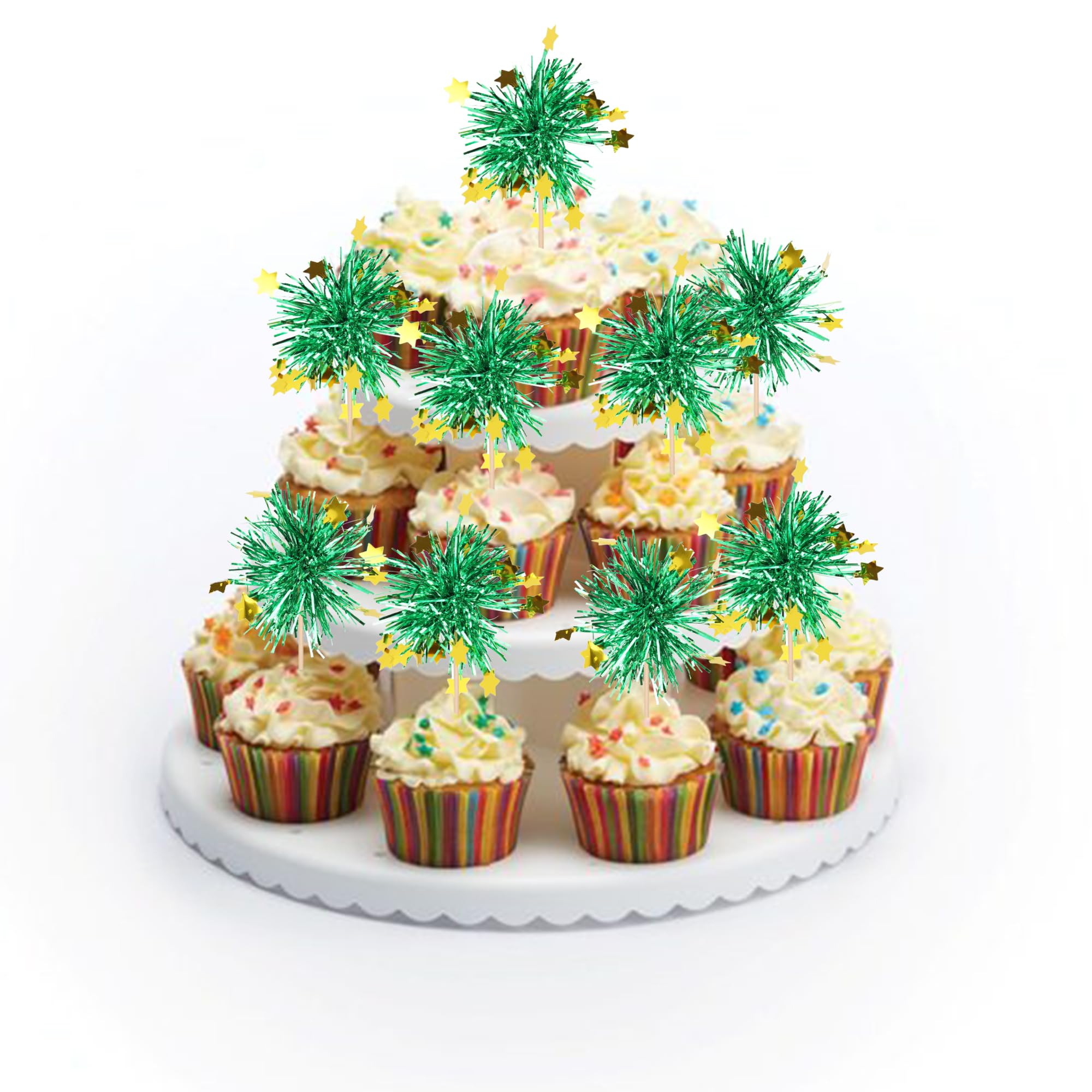 30 PCS Foil Firework Cupcake Toppers Happy Birthday Star Cupcake Picks Sparkle Tinsel Drink Stirrers Cocktail Fruit Toothpicks for Valentine's Day Wedding Birthday Party Decorations Supplies Green