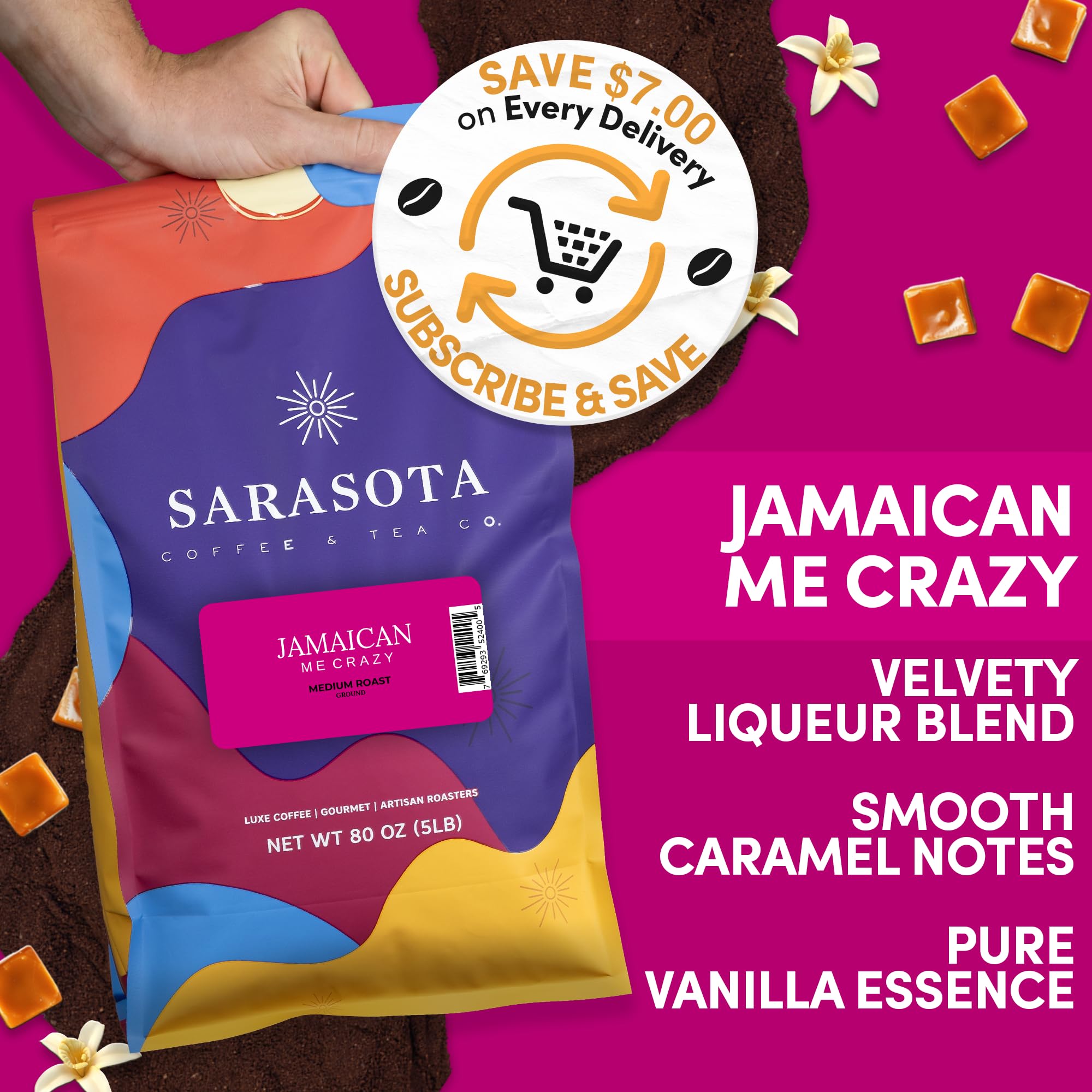 Sarasota Coffee Ground Jamaican Me Crazy | Medium Roast Gourmet Flavored Coffee Grounds | Low Acid, Mold Free, Specialty Grade Flavored Bulk Ground | 5lb (80 oz)