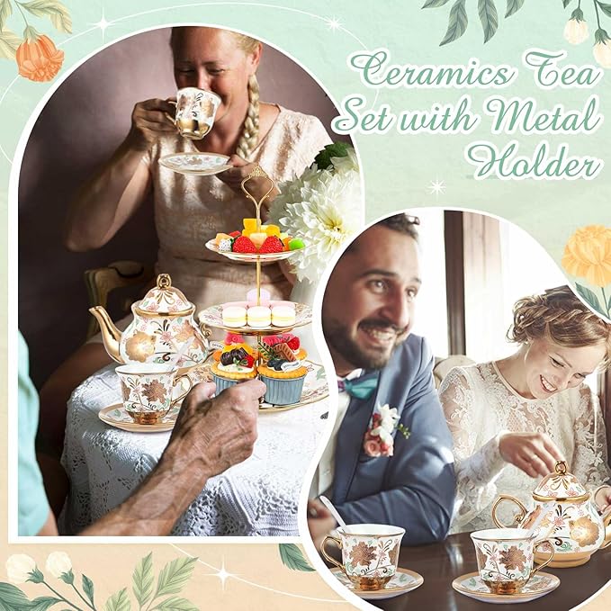 Maxcheck 21 Pcs Tea Party Set for Adults European Floral Tea Set with Metal Holder and 3 Tier Ceramic Cake Stand Porcelain Flower Cup Teapot for Dessert Cupcake(Classic Style)