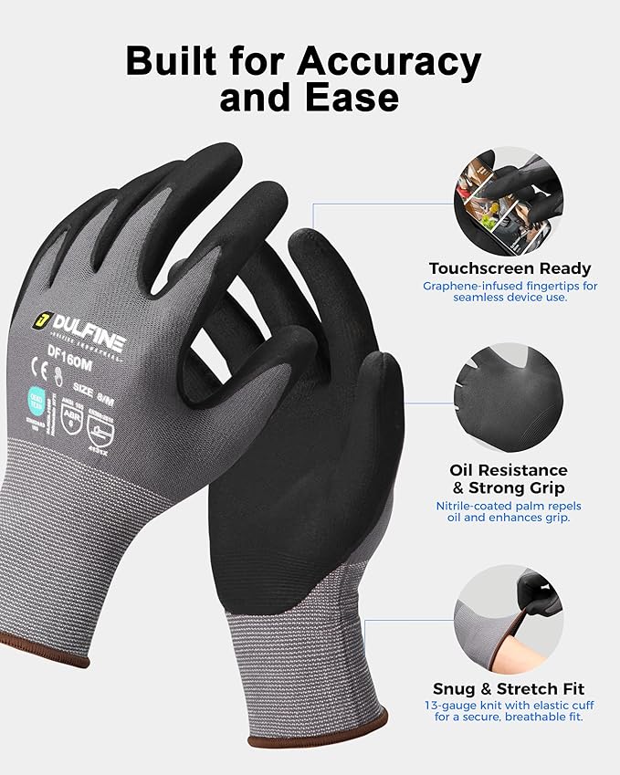 DULFINE Safety Work Gloves MicroFoam Nitrile Coated-3 Pairs Pack,Seamless Knit Nylon Glove with Black Micro-Foam Nitrile Grip,Ideal for General Purpose,Automotive,Home Improvement,Painting(XX-Large)
