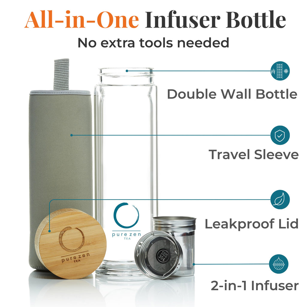 Pure Zen Tea Glass Tea Infuser Bottle, Leakproof, Tea Tumbler with Infuser