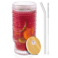 16 Oz Glass Cup with Lid and Straw, Vintage Embossed Glassware for Whiskey Cocktail Beer, Iced Coffee Cup with Lid, Glass Tumbler (1 PACK)