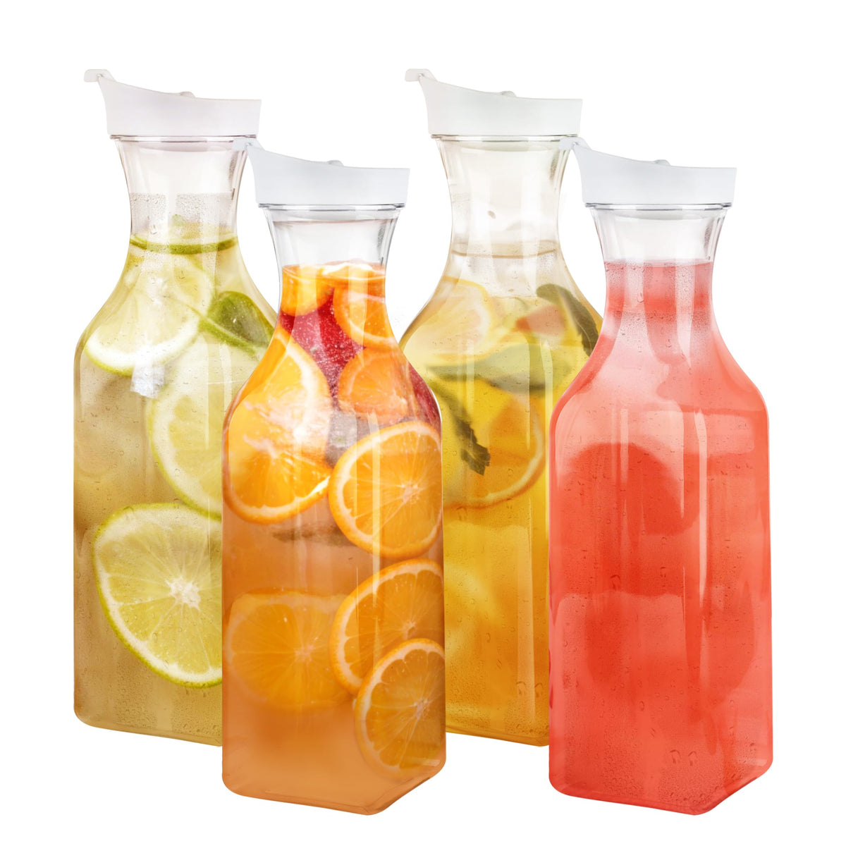 GUSTO [50 oz - 6 Pack] Plastic Carafe with Lid, Large Capacity Square Base - Clear Pitcher with Flip Top Lid, Easy-Pour Spout Juice Containers with Lids - Perfect for Mimosa Bar, Water, and Cold brew