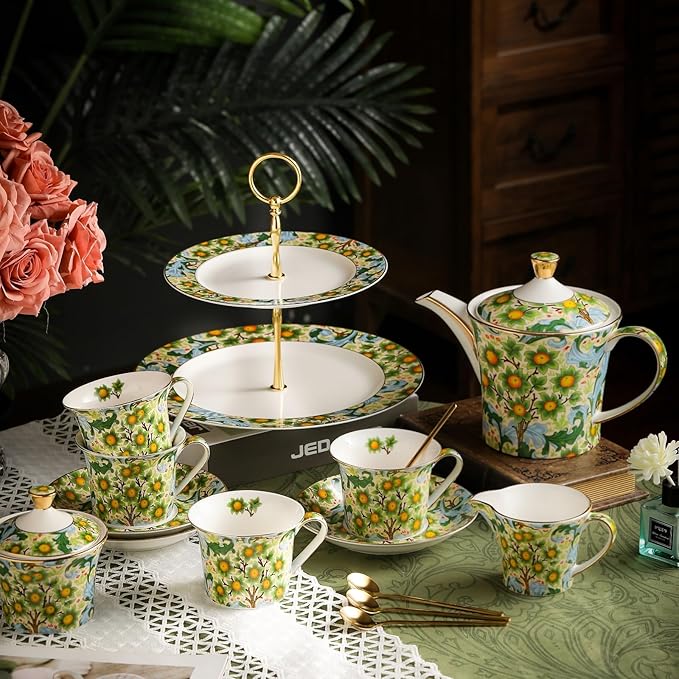 ACMLIFE Tea Set for Adults- Fine China Tea Set for 6, 21-Piece Vintage Coffee Set English Porcelain Tea Pot Sets for Adult Tea Party for Women Gift (Fruits Green, Extra Large 21)