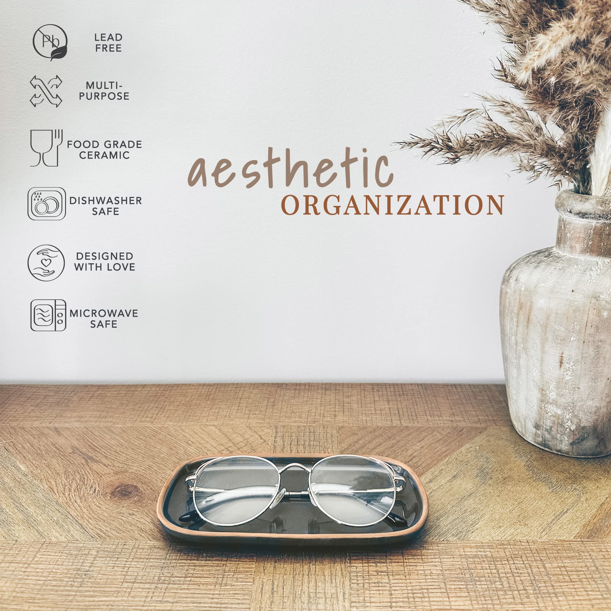 Mora Ceramic Decorative Tray - Rectangle 6.4in Dish for Jewelry, Perfume, Makeup, Accessories, Candle, in The Bathroom Vanity, Bedside, or Kitchen Counter. Cute Organizers - Black
