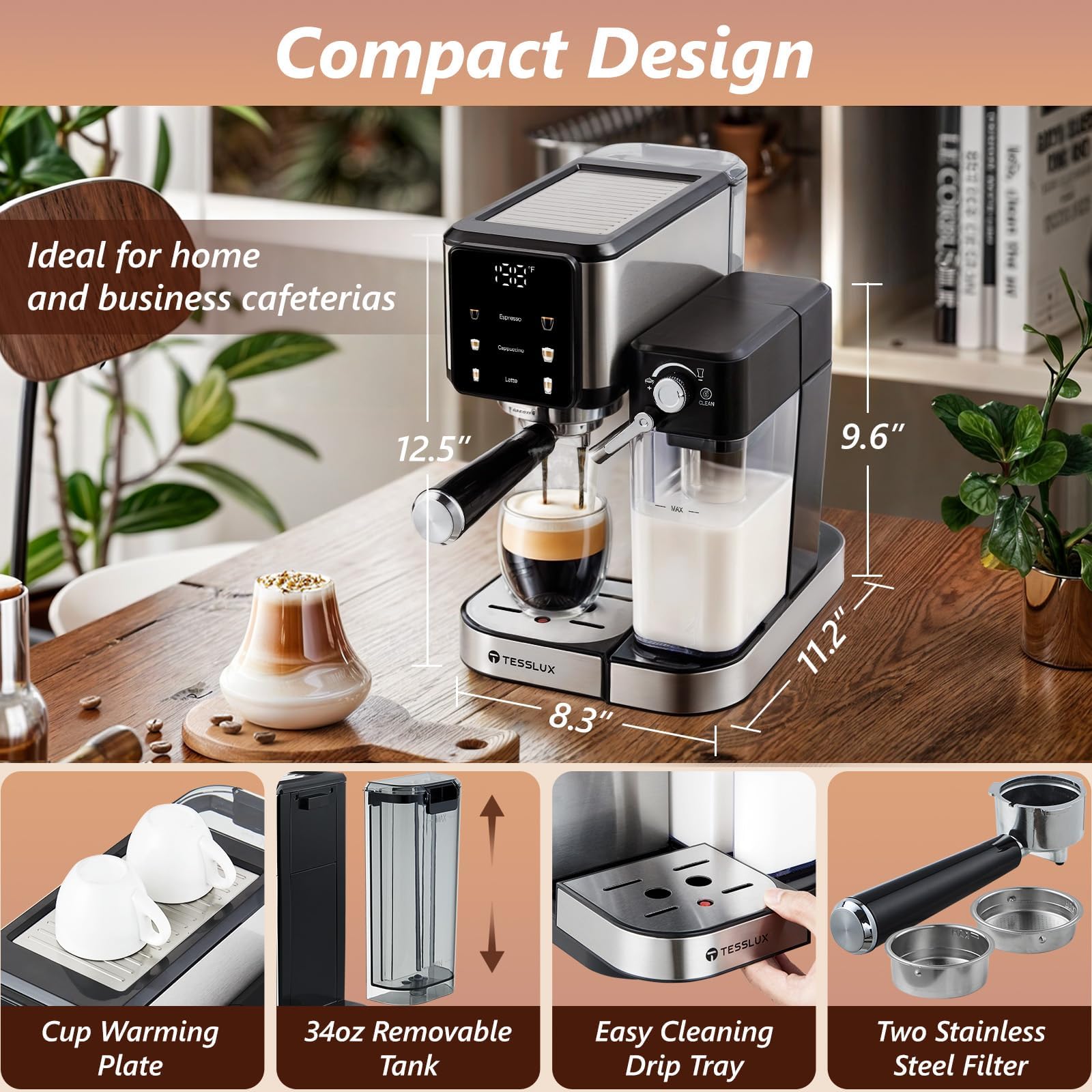 tesslux Espresso and Cappuccino Machine, 20 Bar Dual Boiler Latte Maker with Touch Control & Digital Temperature Display, Compact Coffee Machine for Home, Automatic Milk Frother