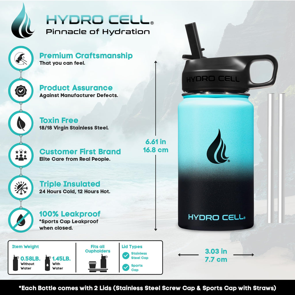 HYDRO CELL Stainless Steel Insulated Water Bottle with Straw - For Cold & Hot Drinks - Metal Vacuum Flask with Screw Cap and Modern Leakproof Sport Thermos for Adults (Teal/Black 14oz)