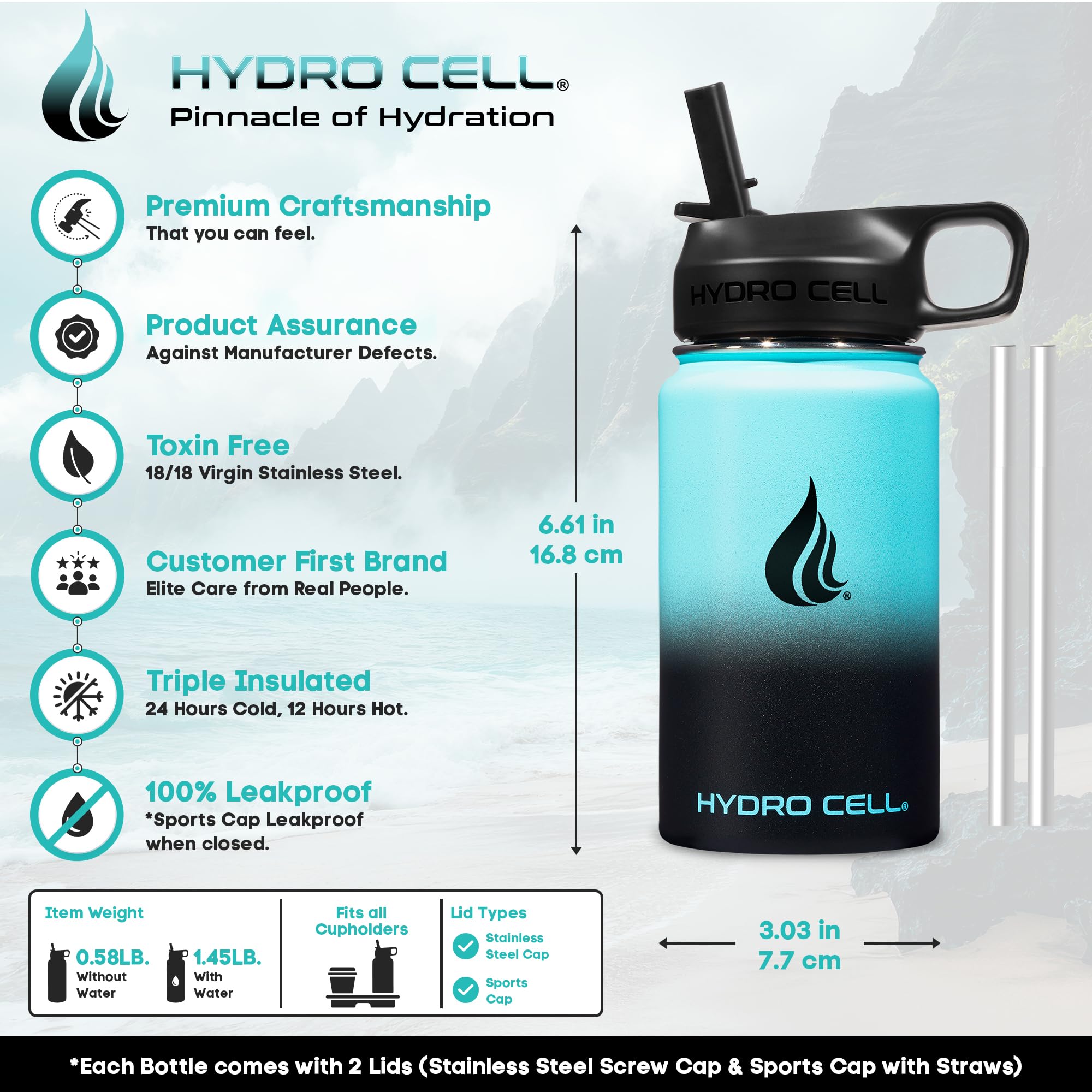 HYDRO CELL Stainless Steel Insulated Water Bottle with Straw - For Cold & Hot Drinks - Metal Vacuum Flask with Screw Cap and Modern Leakproof Sport Thermos for Adults (Teal/Black 14oz)