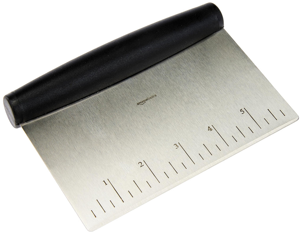 Amazon Basics Multi-Purpose Bench Scraper, Stainless Steel Dough Cutter with Measurement Marks, Dishwasher Safe, Non-slip Contoured Grip, 6", Black, Silver