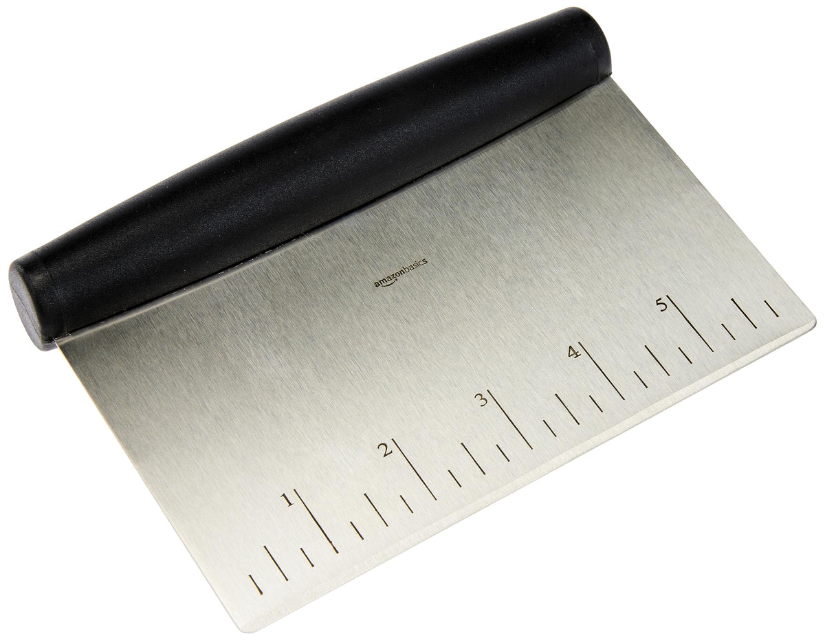 Amazon Basics Multi-Purpose Bench Scraper, Stainless Steel Dough Cutter with Measurement Marks, Dishwasher Safe, Non-slip Contoured Grip, 6", Black, Silver