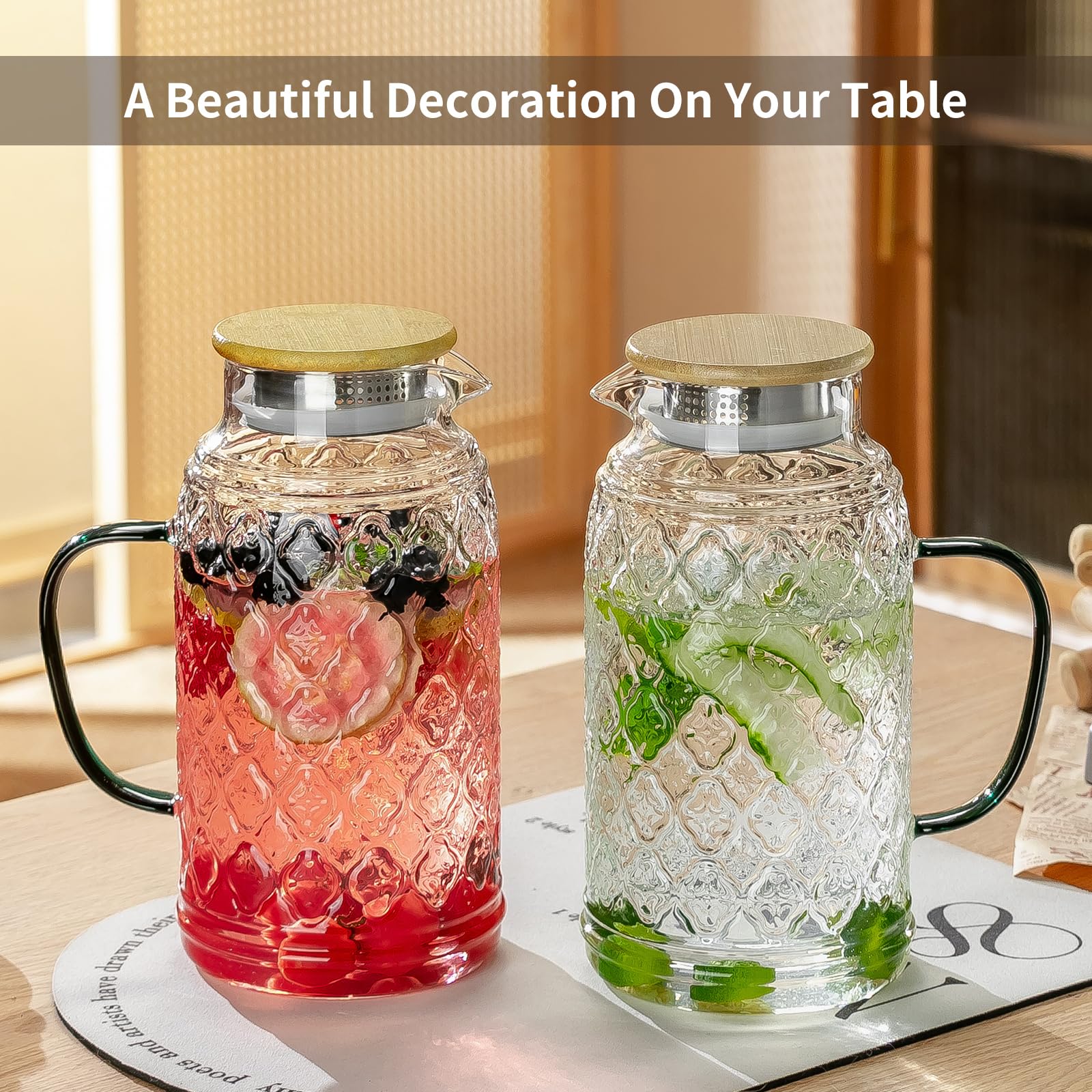 Buaic 2 PACK Glass Pitcher with Bamboo Lid, 68 oz/2L Vintage Water Pitcher, Clear Borosilicate Glass Water Carafe for Cold Brew, Coffee, Lemonade, Iced Sun Tea,Beverage, Heat Resistant Water Glass Jug